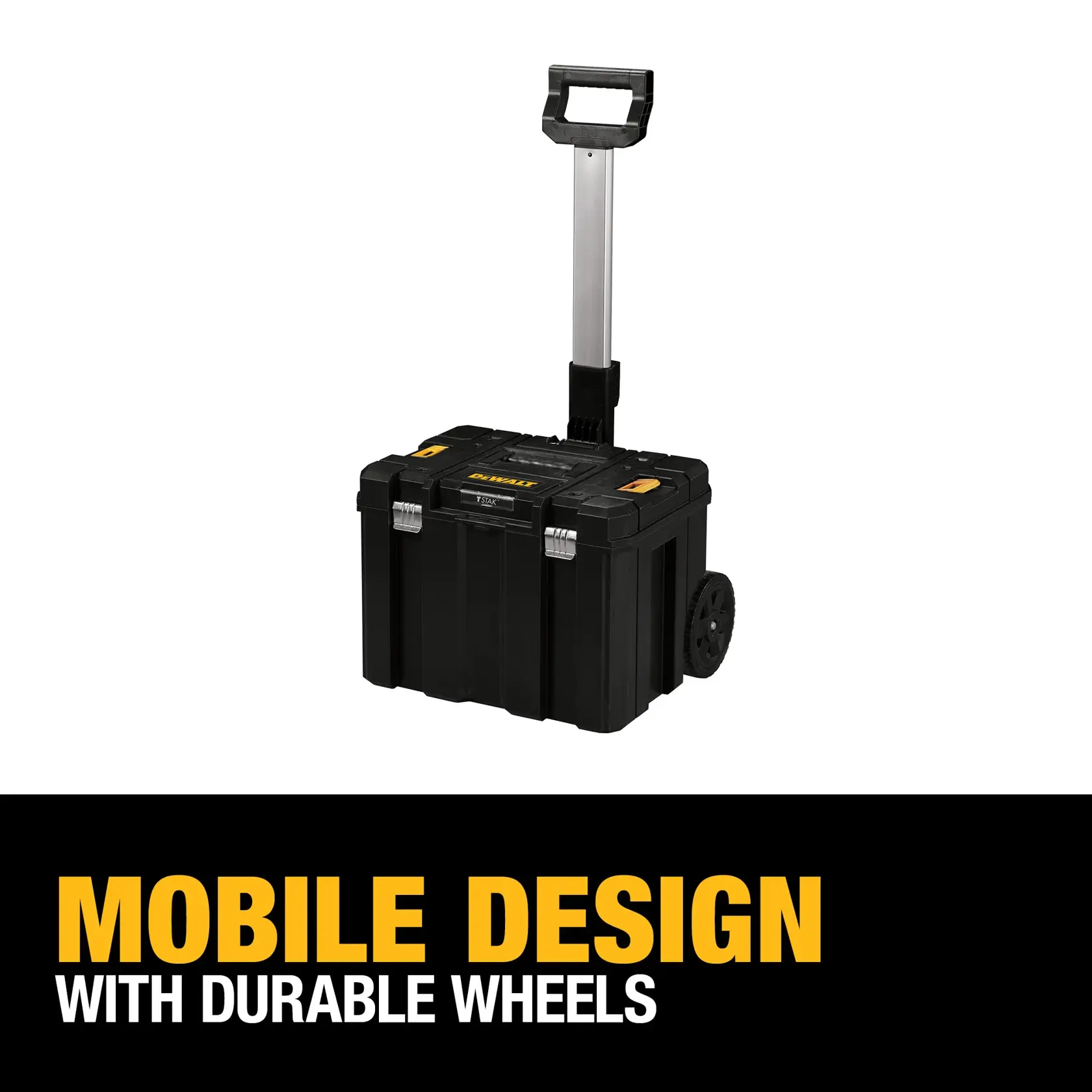 A DEWALT mobile tool storage box with a telescoping handle and durable wheels. The box is black with yellow accents and metal latches, designed for easy transportation. The text below reads 'Mobile design with durable wheels.'
