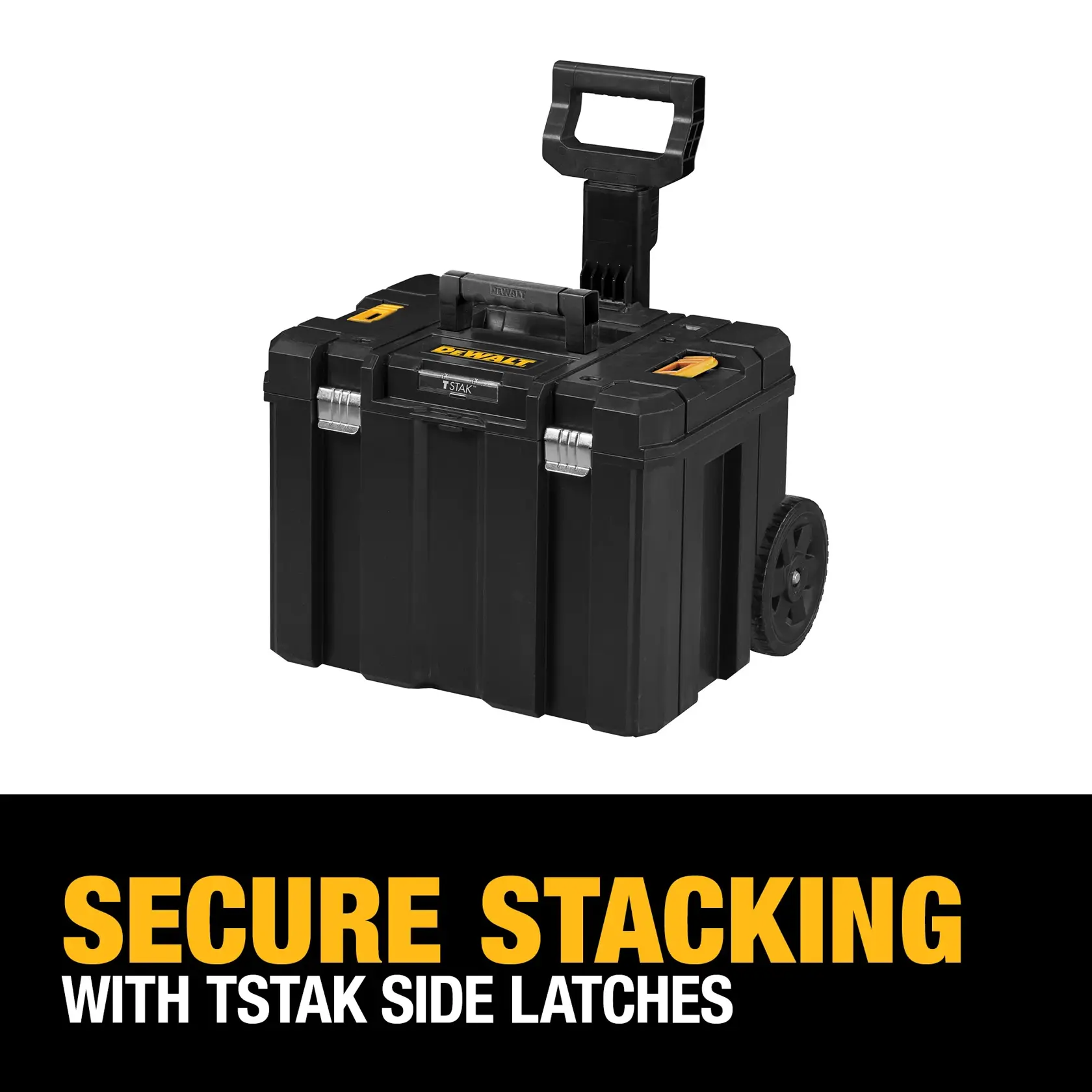 A DEWALT black rolling tool box with an extendable handle and side latches for secure stacking, shown against a white background. Promotional text below reads: 'Secure stacking with TSTAK side latches.'