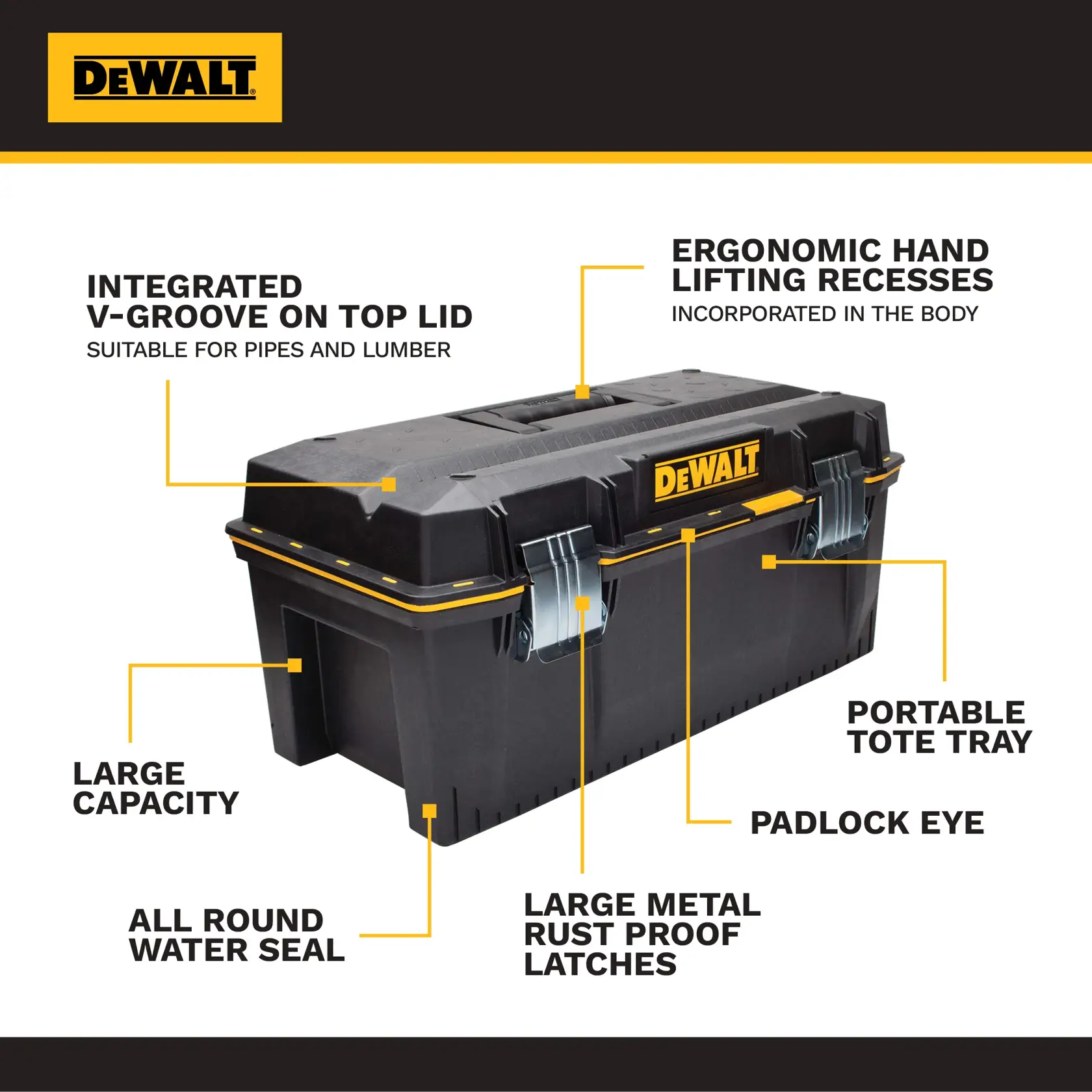 DEWALT black toolbox with yellow accents, metal latches, water seal, V-groove lid, ergonomic handles, and tote tray.