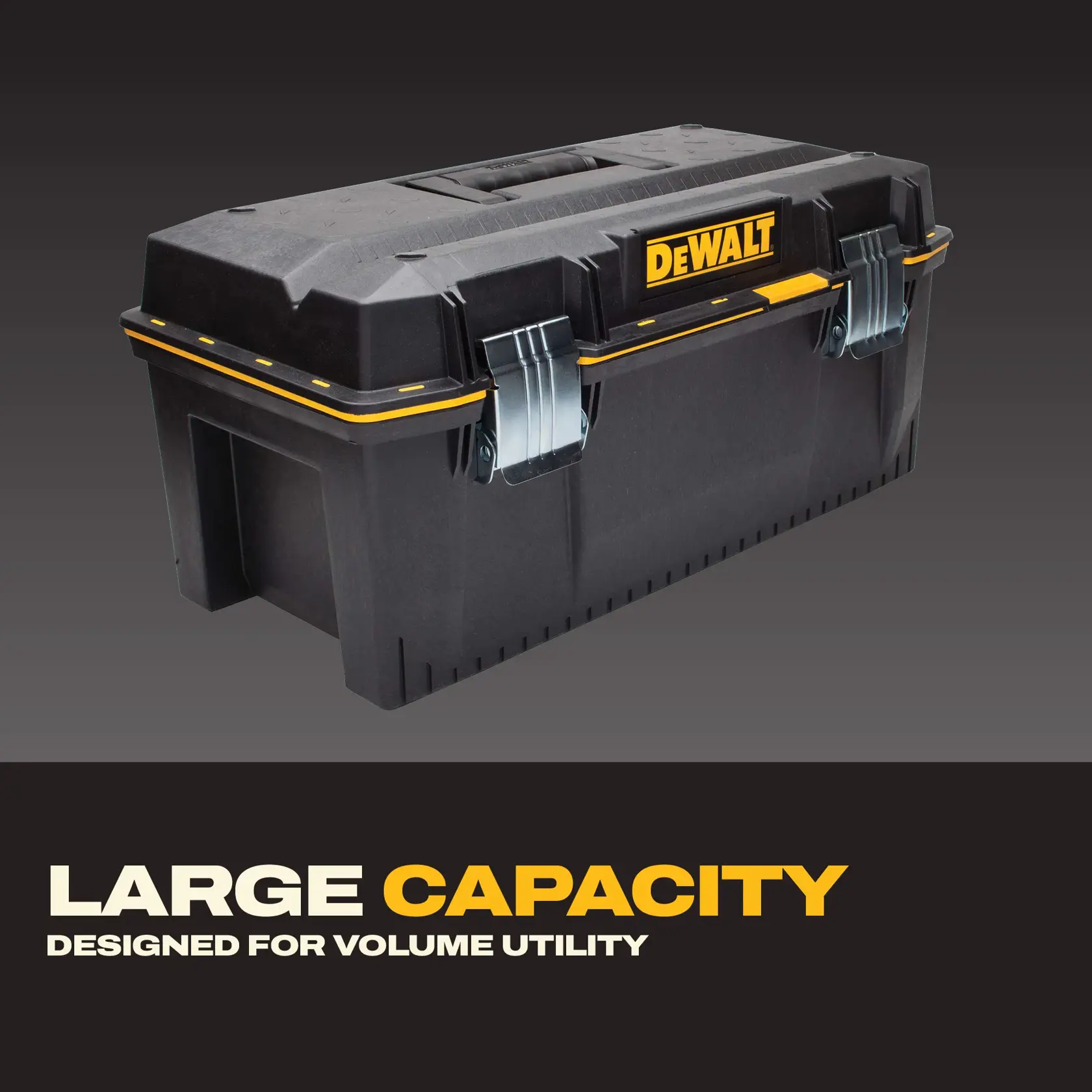 DEWALT black toolbox with metal latches, large capacity for utility storage, text highlights volume utility design.