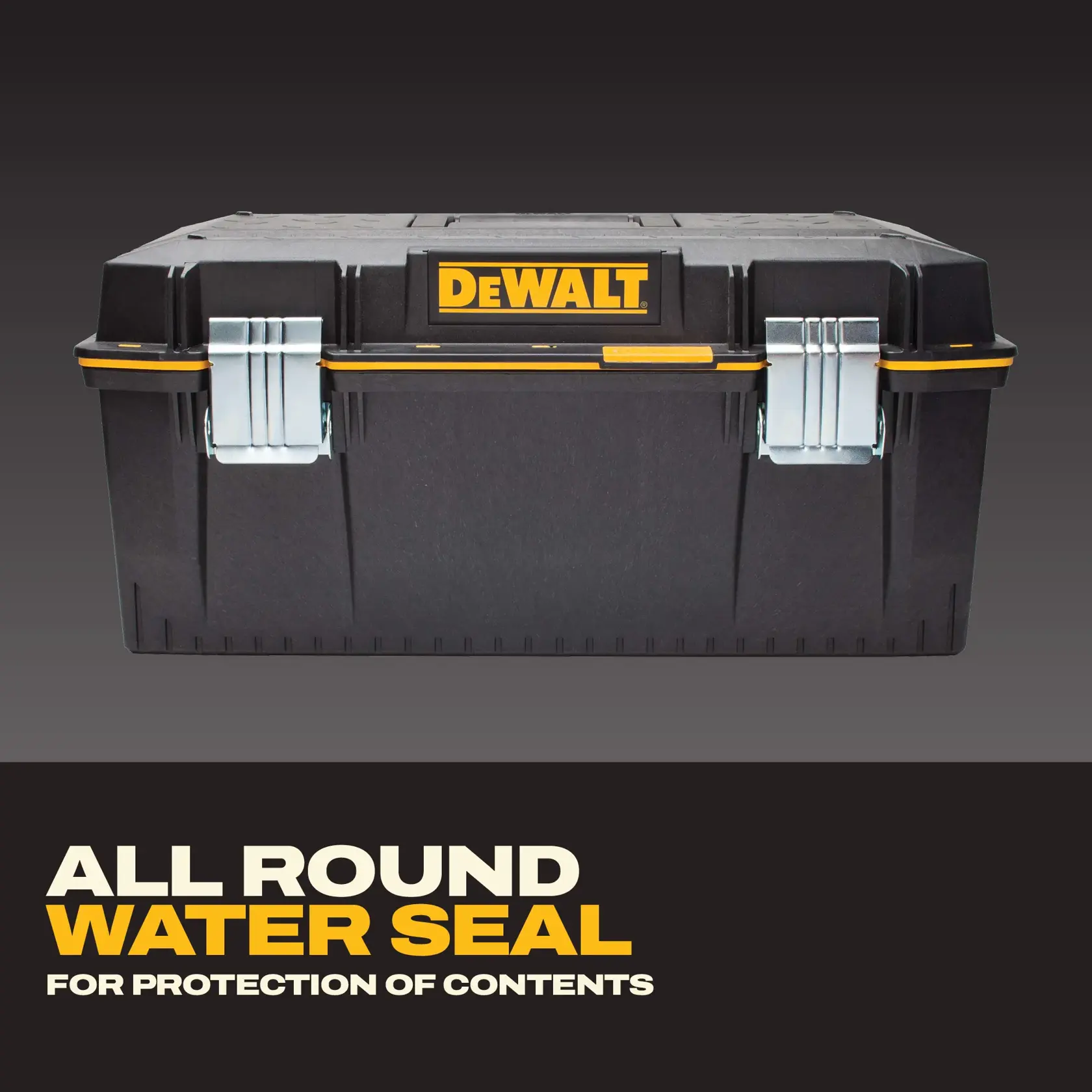 DEWALT black tool box with metal latches and water seal for protecting contents, shown on a dark background.