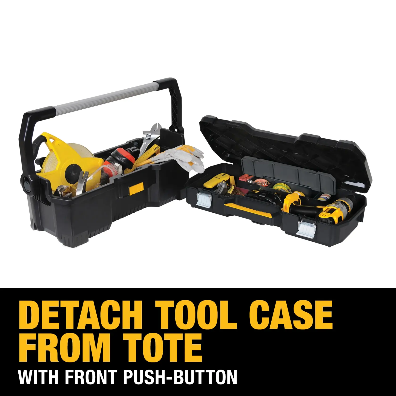 Image of a DEWALT tool tote and detachable tool case, both filled with various tools and accessories. The text reads: 'Detach tool case from tote with front push-button.'