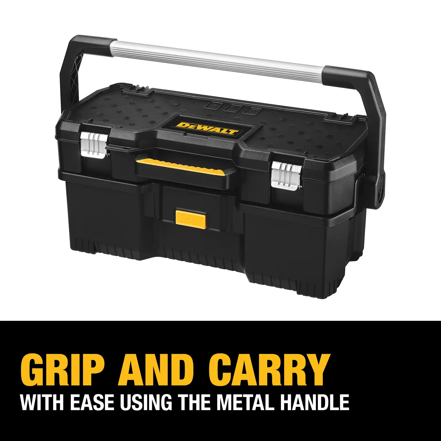 A DEWALT black and yellow plastic tool box with a sturdy metal handle is shown. The box features metal latches and a yellow push button. Text below the toolbox reads: 'Grip and carry with ease using the metal handle.'