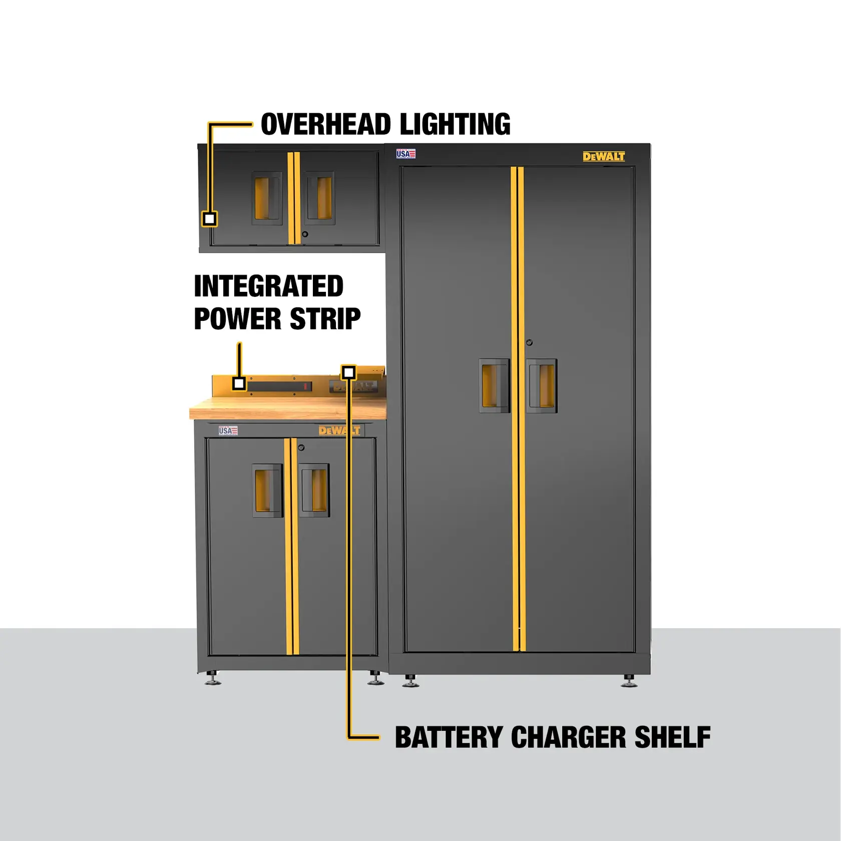 A DEWALT storage cabinet system with labels indicating overhead lighting, an integrated power strip, and a battery charger shelf. The cabinets are gray with yellow accents and feature multiple compartments.
