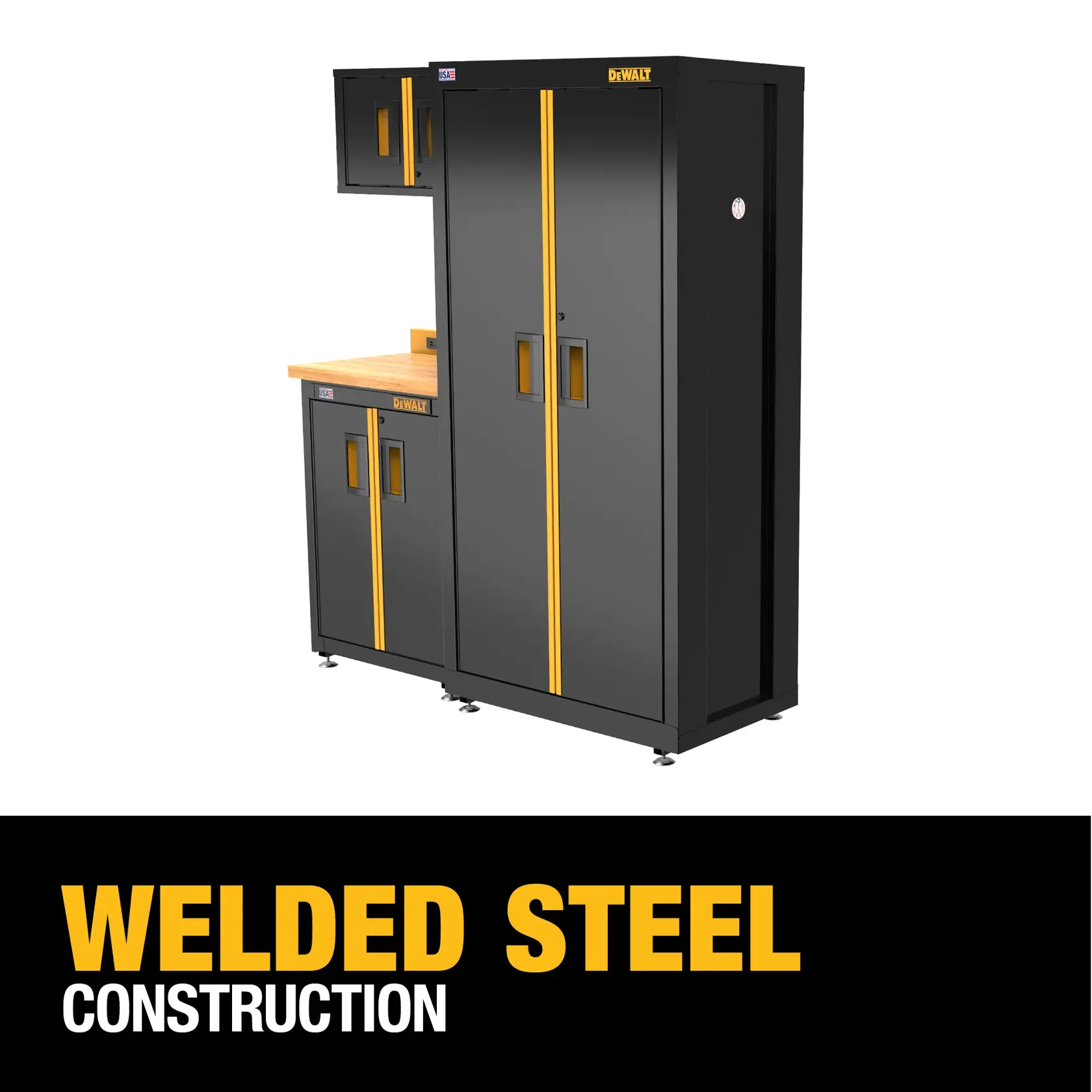 A DEWALT welded steel modular storage cabinet system, featuring black cabinets with yellow vertical accents and a wooden countertop. The text emphasizes 'Welded Steel Construction.'