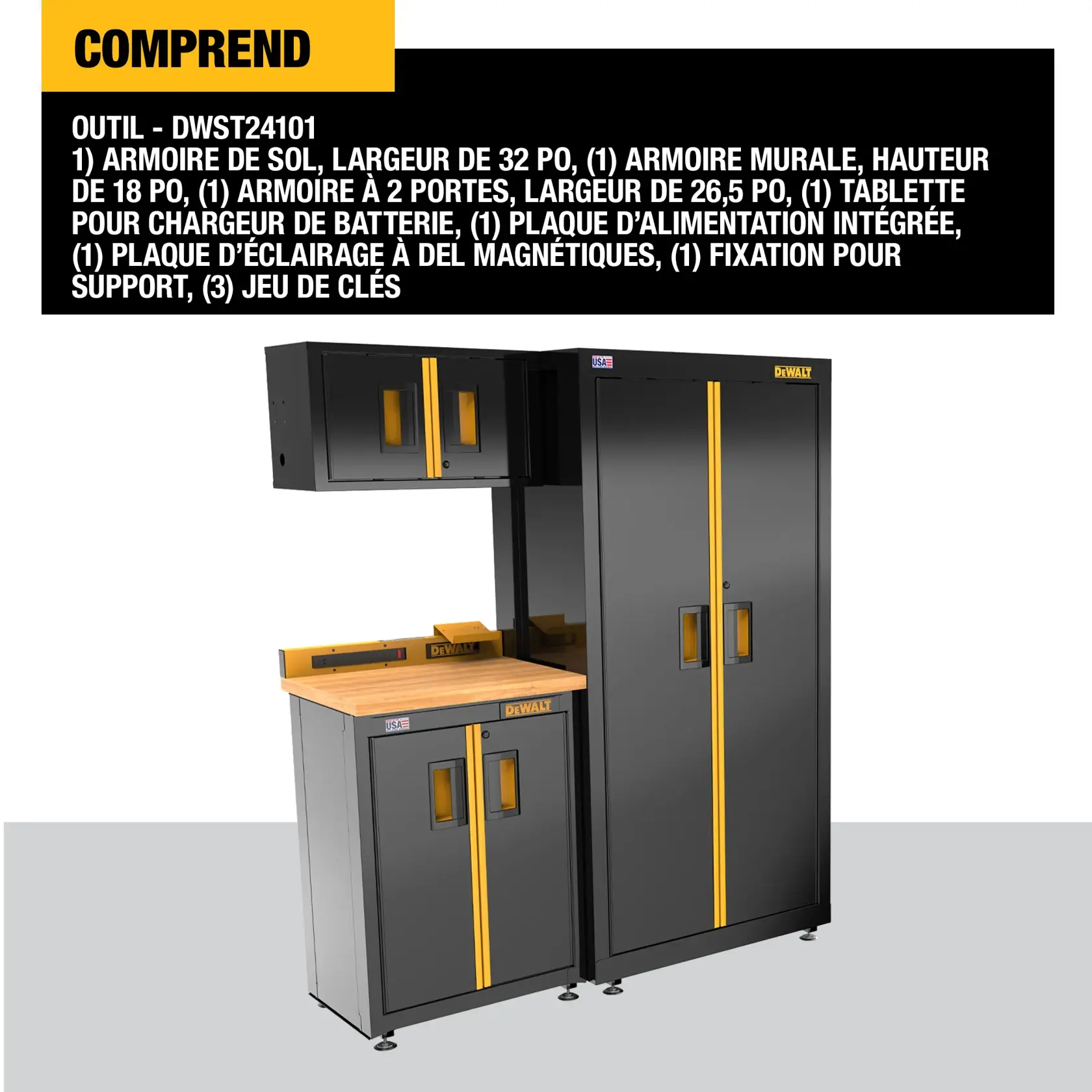 Image showing a DEWALT tool storage system, SKU DWST24101. Includes a 32 inch wide floor cabinet, 18 inch tall wall cabinet, 26.5 inch wide two-door base cabinet with wooden worktop, battery charger shelf, integrated power strip, magnetic LED light strip, mounting bracket, and three sets of keys. All cabinets are black with yellow accents.