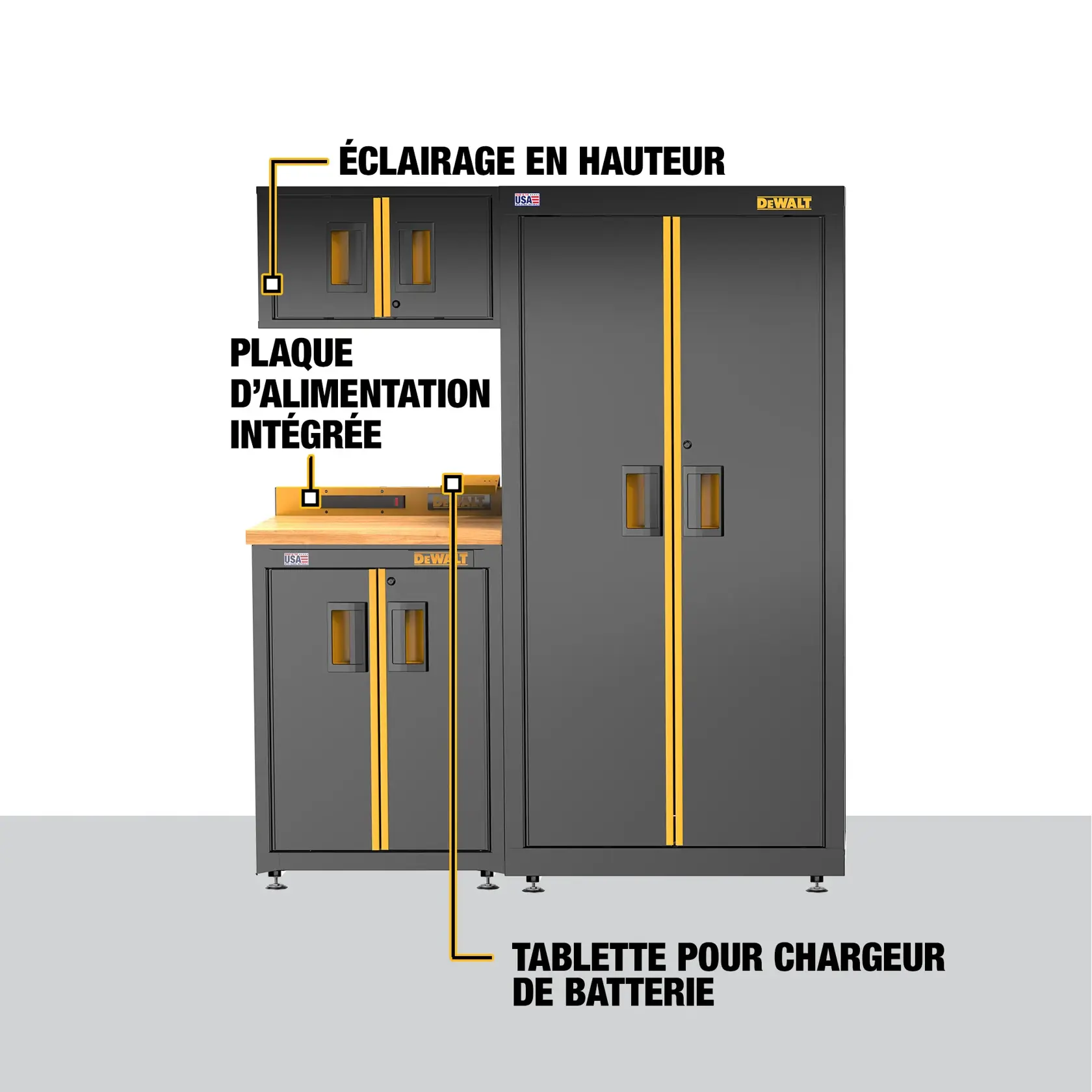 A DEWALT storage cabinet system with labels indicating overhead lighting, an integrated power strip, and a battery charger shelf. The cabinets are gray with yellow accents and feature multiple compartments.