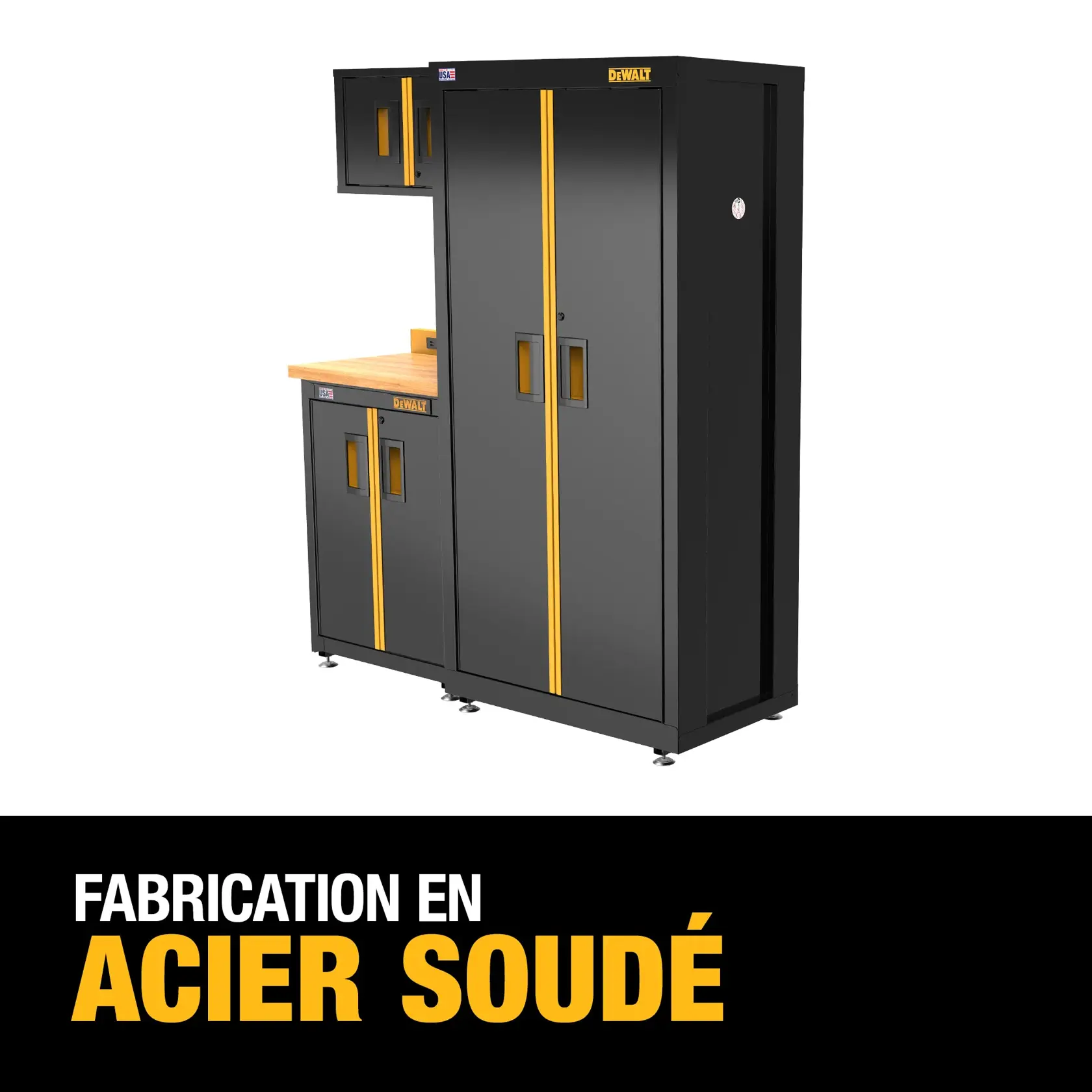 A DEWALT welded steel modular storage cabinet system, featuring black cabinets with yellow vertical accents and a wooden countertop. The text emphasizes 'Welded Steel Construction.'