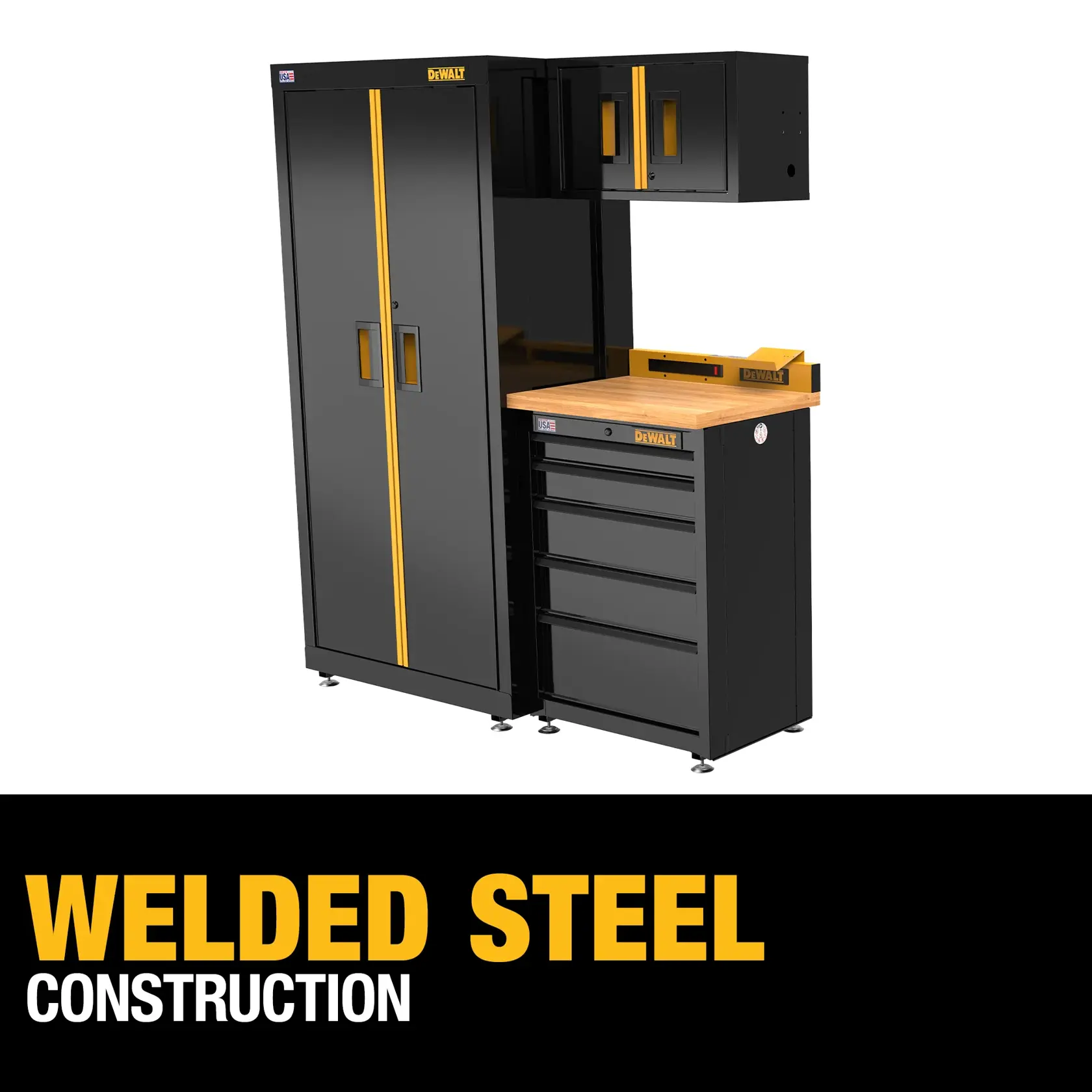 A DEWALT storage system featuring a tall black cabinet with yellow accents, a workbench with drawers and a wooden top, and a wall-mounted cabinet. The image highlights 'Welded Steel Construction' in bold yellow and white text.