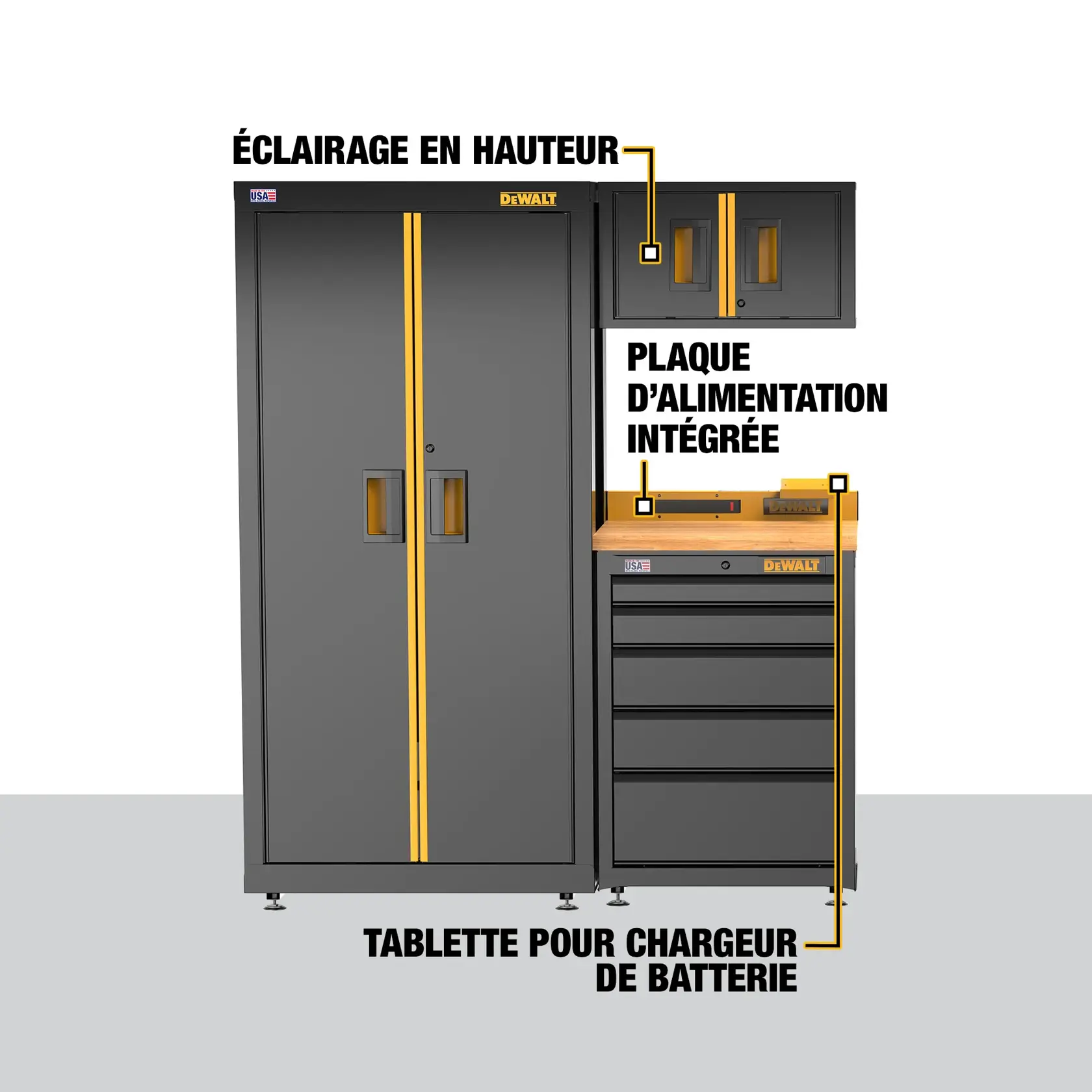 DEWALT garage storage system featuring a tall cabinet, upper wall cabinet, and tool chest with a wood top. The image highlights three features: overhead lighting in the wall cabinet, an integrated power strip on the tool chest, and a battery charger shelf beneath the power strip.
