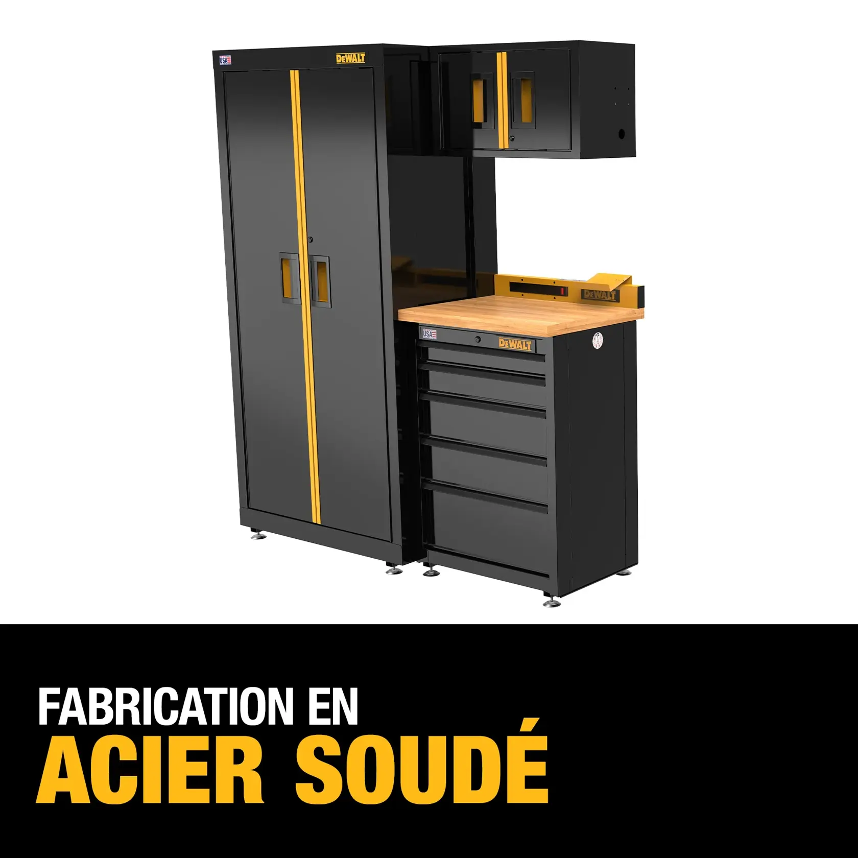 A DEWALT storage system featuring a tall black cabinet with yellow accents, a workbench with drawers and a wooden top, and a wall-mounted cabinet. The image highlights 'Welded Steel Construction' in bold yellow and white text.