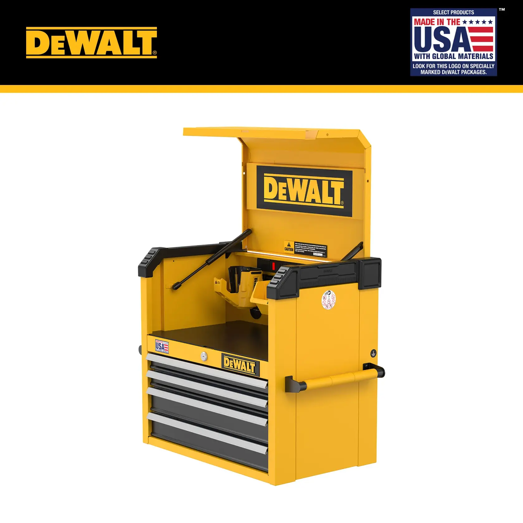 A yellow DEWALT tool chest with an open lid, featuring three drawers and a side handle. The chest displays DEWALT branding, and there is a 'Made in the USA with Global Materials' sticker on the front.