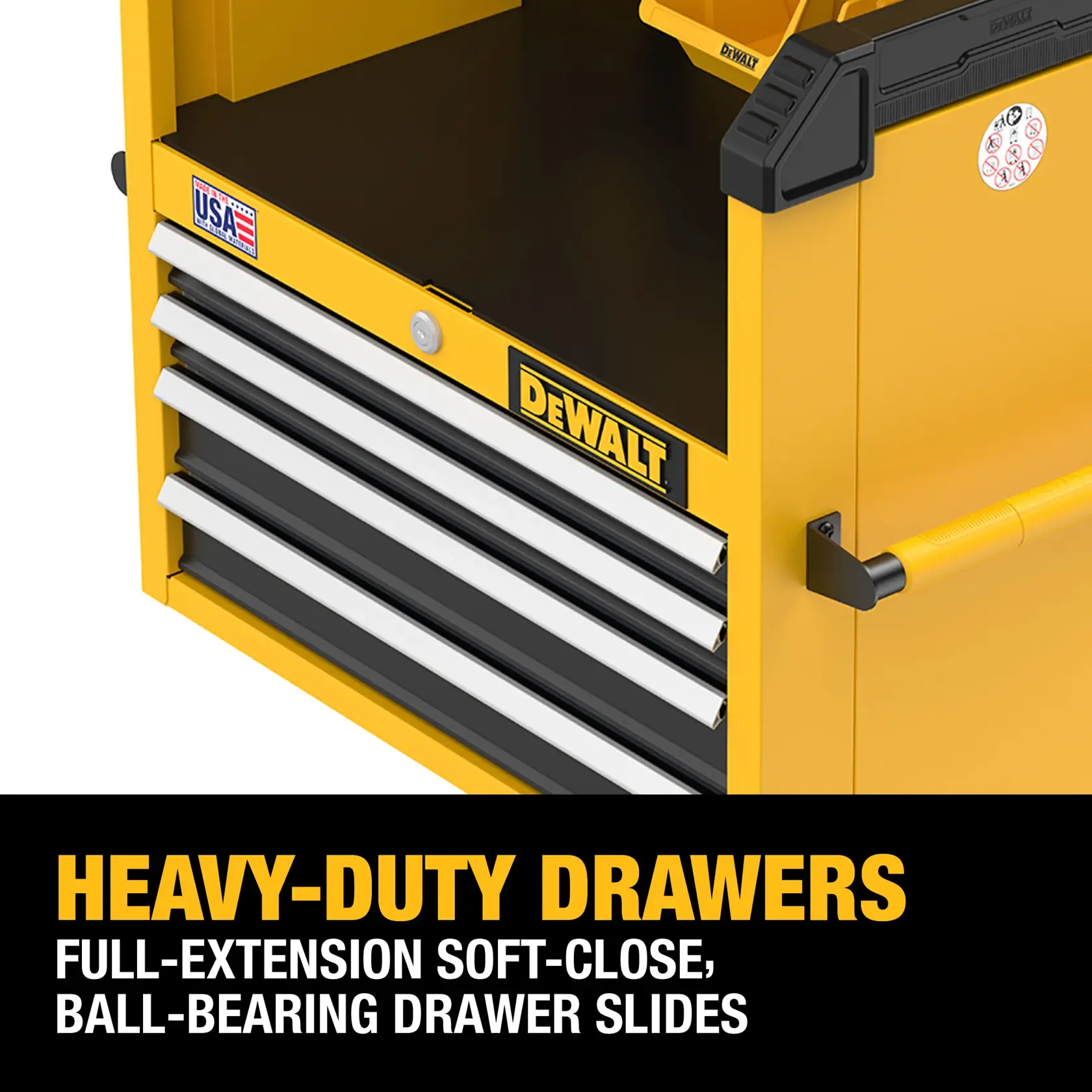 Close-up view of a yellow DEWALT tool chest showing heavy-duty drawers with full-extension, soft-close, ball-bearing drawer slides. The chest features the DEWALT logo and a USA construction sticker. Promotional text at the bottom highlights the drawer features.