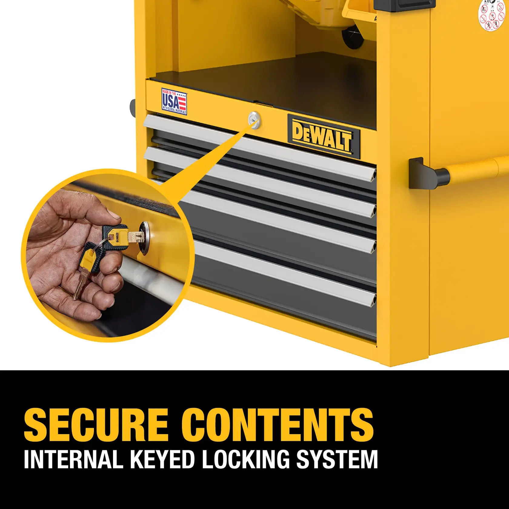 Yellow DEWALT tool chest with multiple drawers and an internal keyed locking system. Close-up inset shows a hand inserting a key into the lock. Text at the bottom reads: 'SECURE CONTENTS INTERNAL KEYED LOCKING SYSTEM.'
