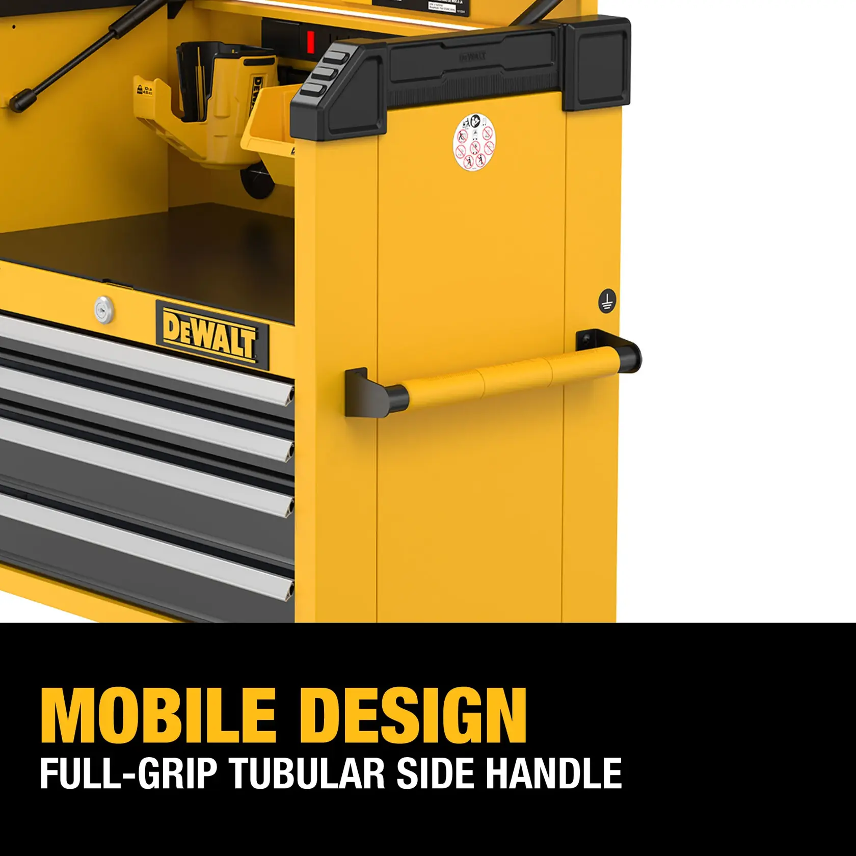 Close-up of a yellow DEWALT tool chest featuring a full-grip tubular side handle, open drawers, and storage compartments. The image highlights its mobile design with bold text at the bottom.