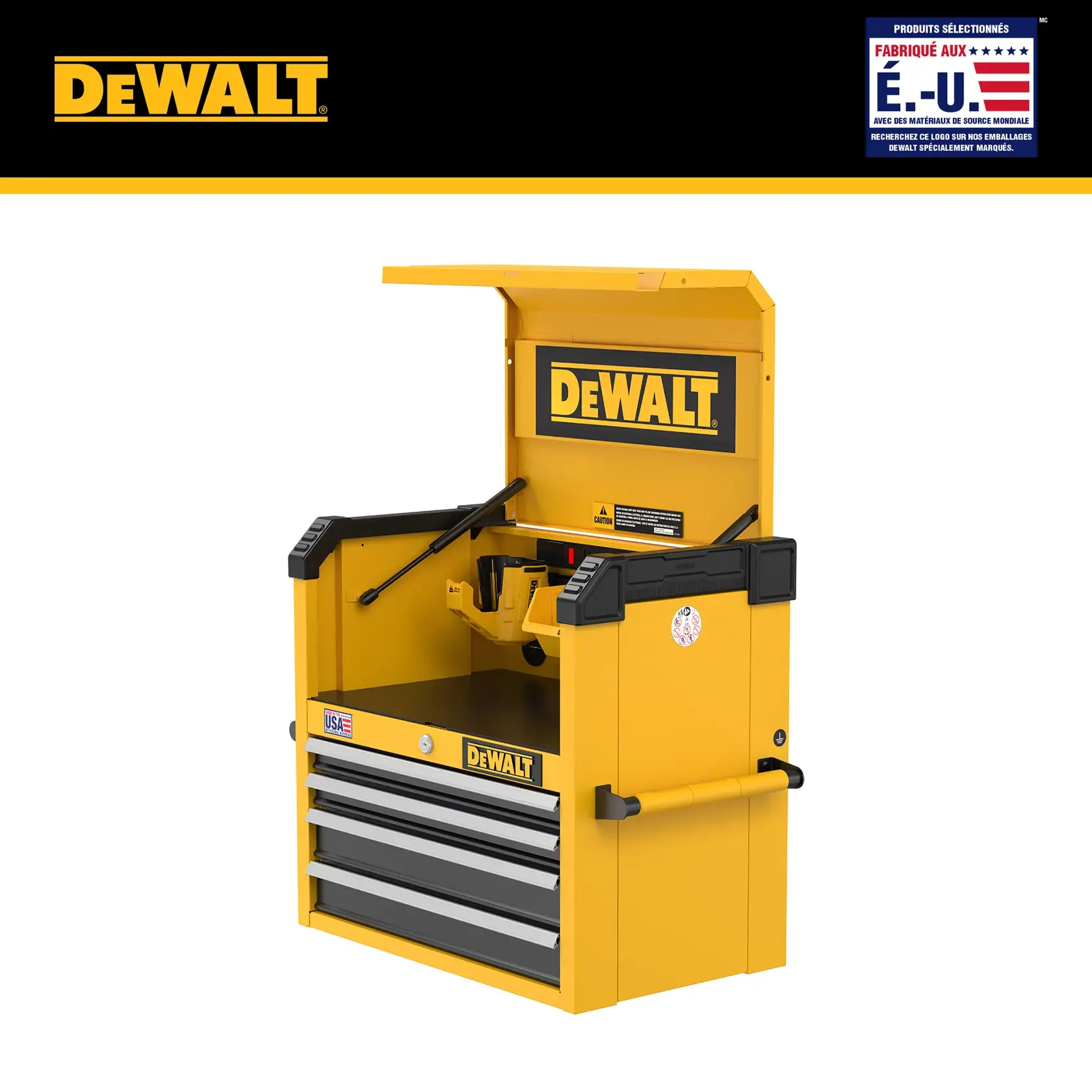 A yellow DEWALT tool chest with an open lid, featuring three drawers and a side handle. The chest displays DEWALT branding, and there is a 'Made in the USA with Global Materials' sticker on the front.