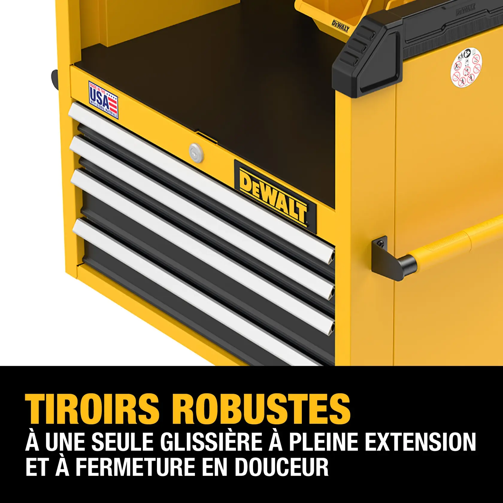 Close-up view of a yellow DEWALT tool chest showing heavy-duty drawers with full-extension, soft-close, ball-bearing drawer slides. The chest features the DEWALT logo and a USA construction sticker. Promotional text at the bottom highlights the drawer features.