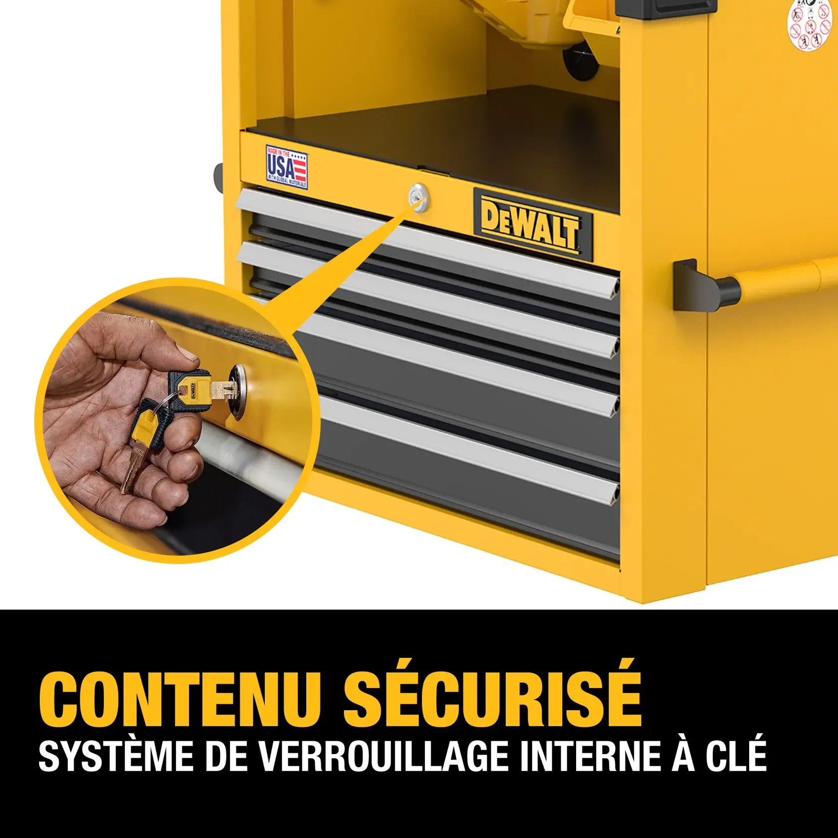 Yellow DEWALT tool chest with multiple drawers and an internal keyed locking system. Close-up inset shows a hand inserting a key into the lock. Text at the bottom reads: 'SECURE CONTENTS INTERNAL KEYED LOCKING SYSTEM.'