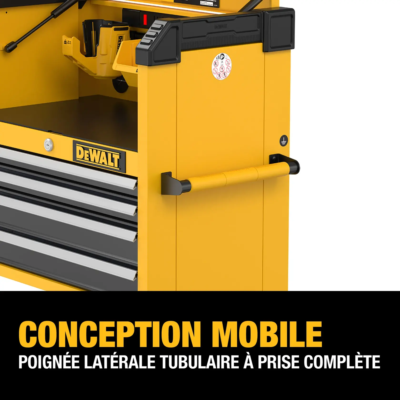 Close-up of a yellow DEWALT tool chest featuring a full-grip tubular side handle, open drawers, and storage compartments. The image highlights its mobile design with bold text at the bottom.