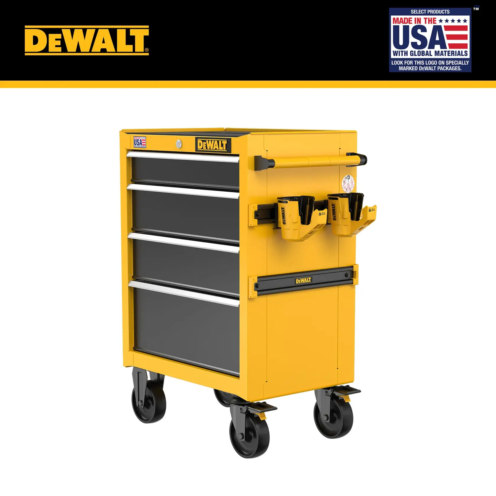 A yellow DEWALT rolling tool cabinet with four drawers and black handles, featuring tool holders on the side and large wheels for mobility. The cabinet is branded with DEWALT logos and a Made in the USA label.