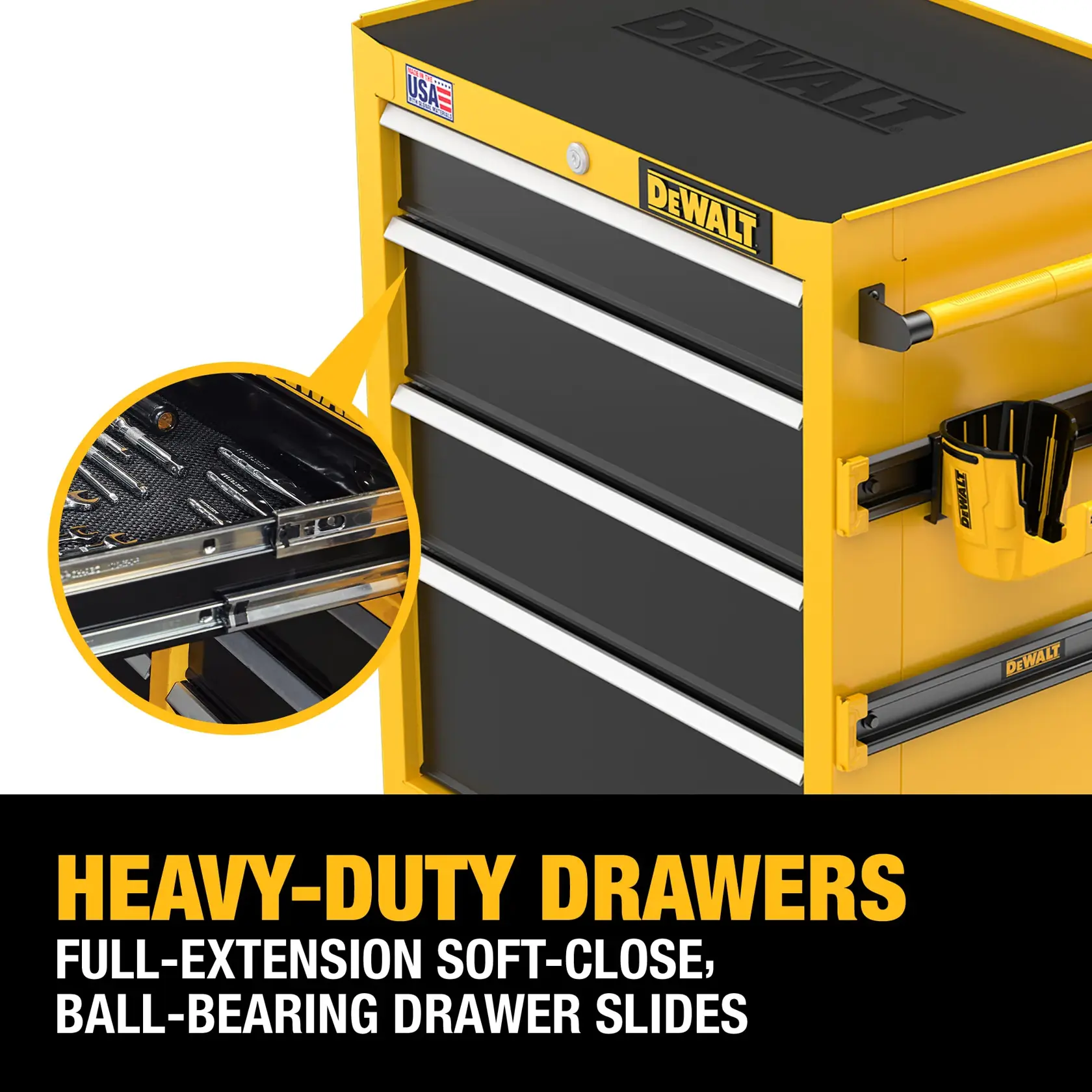 A yellow and black DEWALT tool chest featuring heavy-duty drawers with full-extension soft-close ball-bearing slides. A close-up inset shows tools organized inside one drawer. The side of the chest includes a yellow tool holder and rails for accessories. The chest displays a USA flag sticker and DEWALT branding.