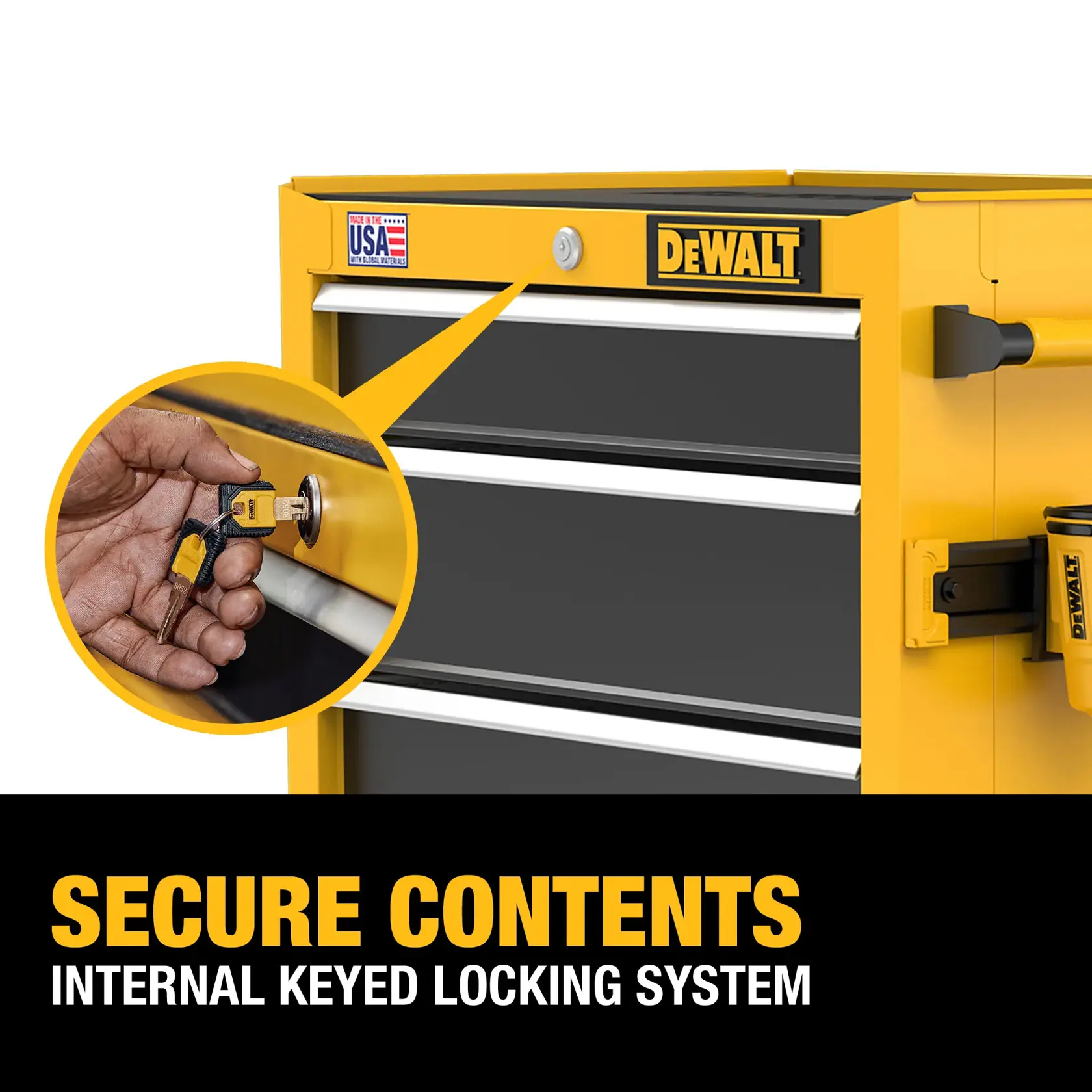 Image of a yellow DEWALT tool chest with multiple drawers and an internal keyed locking system. The image highlights a hand inserting a key into the lock, emphasizing security. The chest has a USA-made label.