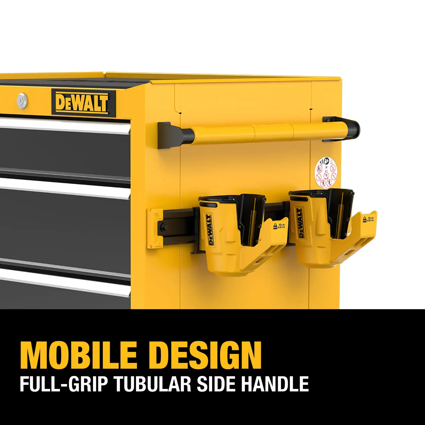 Close-up of a DEWALT yellow tool chest showing a full-grip tubular side handle and two yellow tool holders attached to the side. Text reads: 'Mobile design. Full-grip tubular side handle.'