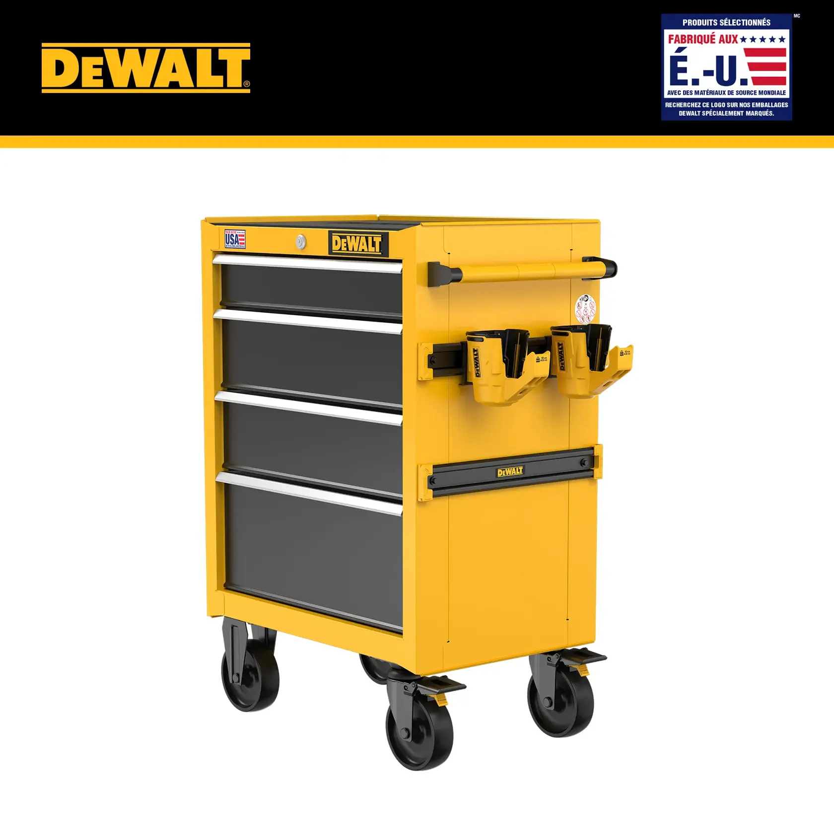 A yellow DEWALT rolling tool cabinet with four drawers and black handles, featuring tool holders on the side and large wheels for mobility. The cabinet is branded with DEWALT logos and a Made in the USA label.