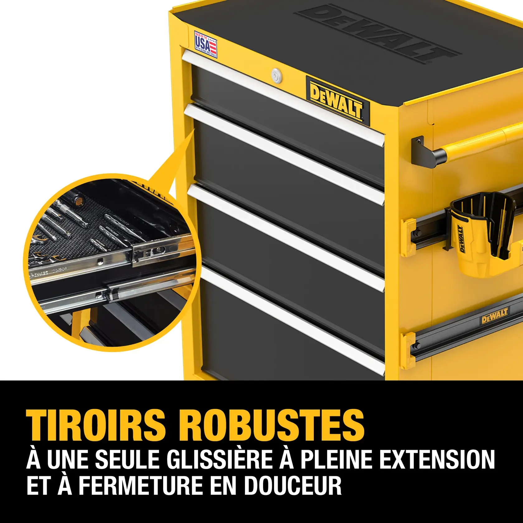 A yellow and black DEWALT tool chest featuring heavy-duty drawers with full-extension soft-close ball-bearing slides. A close-up inset shows tools organized inside one drawer. The side of the chest includes a yellow tool holder and rails for accessories. The chest displays a USA flag sticker and DEWALT branding.