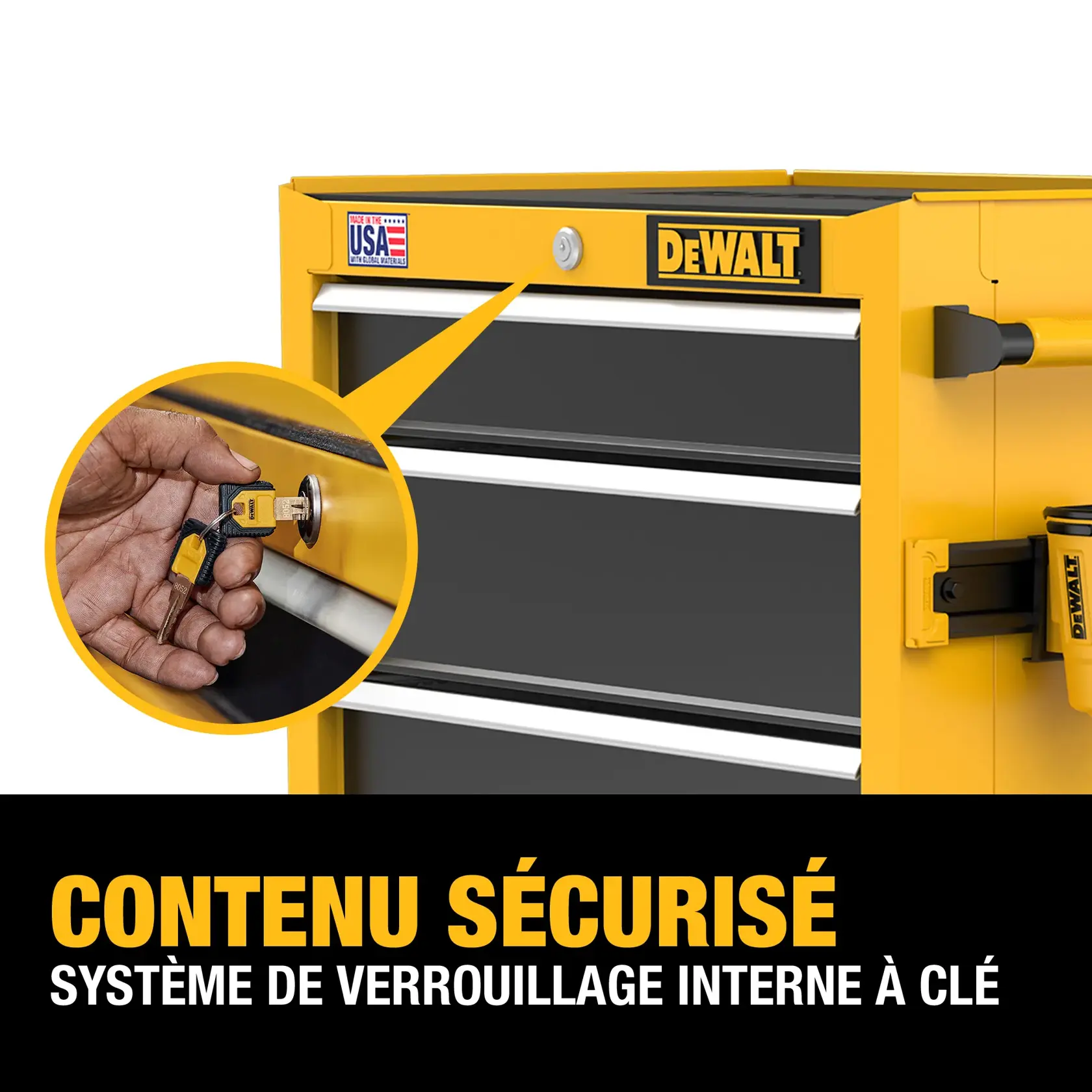 Image of a yellow DEWALT tool chest with multiple drawers and an internal keyed locking system. The image highlights a hand inserting a key into the lock, emphasizing security. The chest has a USA-made label.