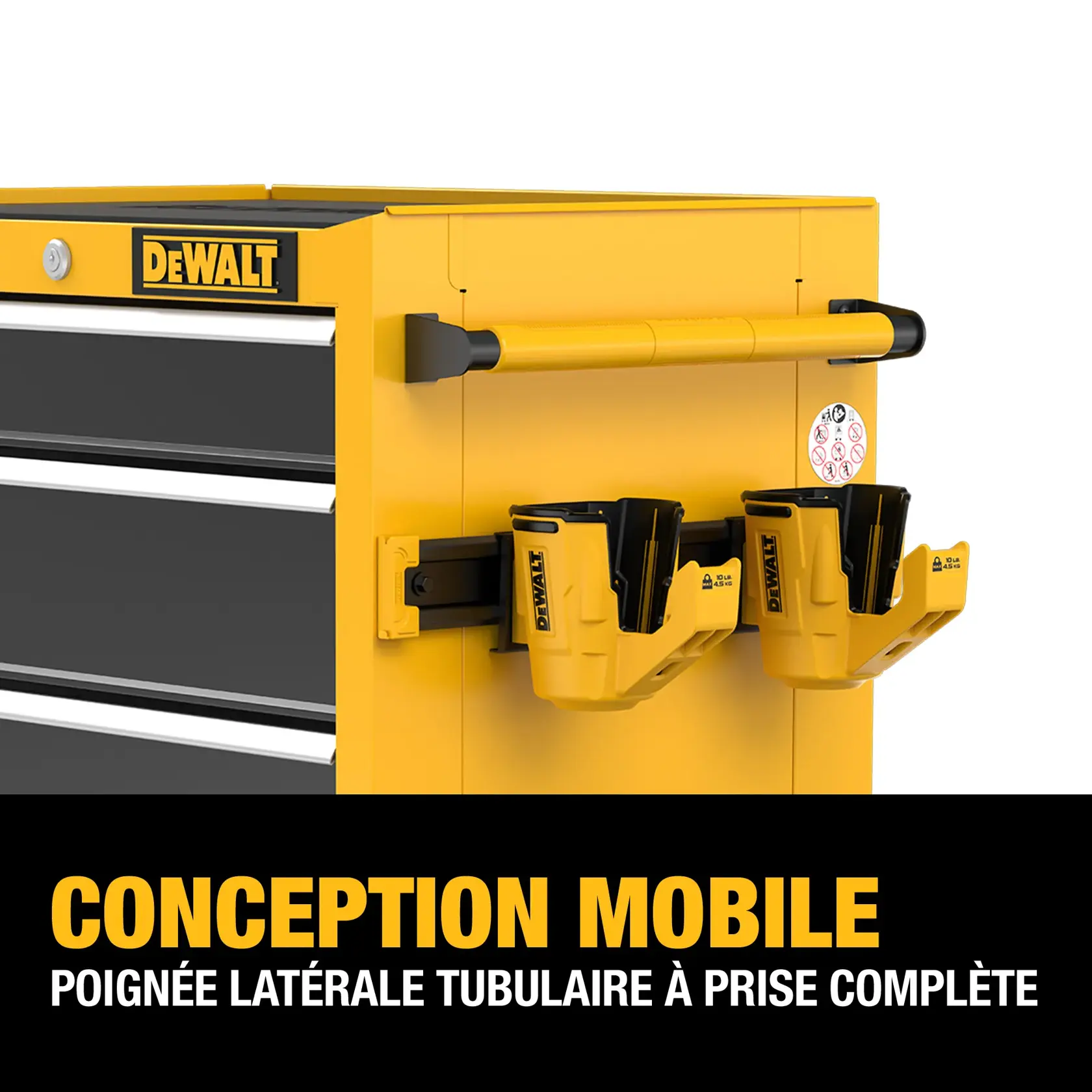 Close-up of a DEWALT yellow tool chest showing a full-grip tubular side handle and two yellow tool holders attached to the side. Text reads: 'Mobile design. Full-grip tubular side handle.'