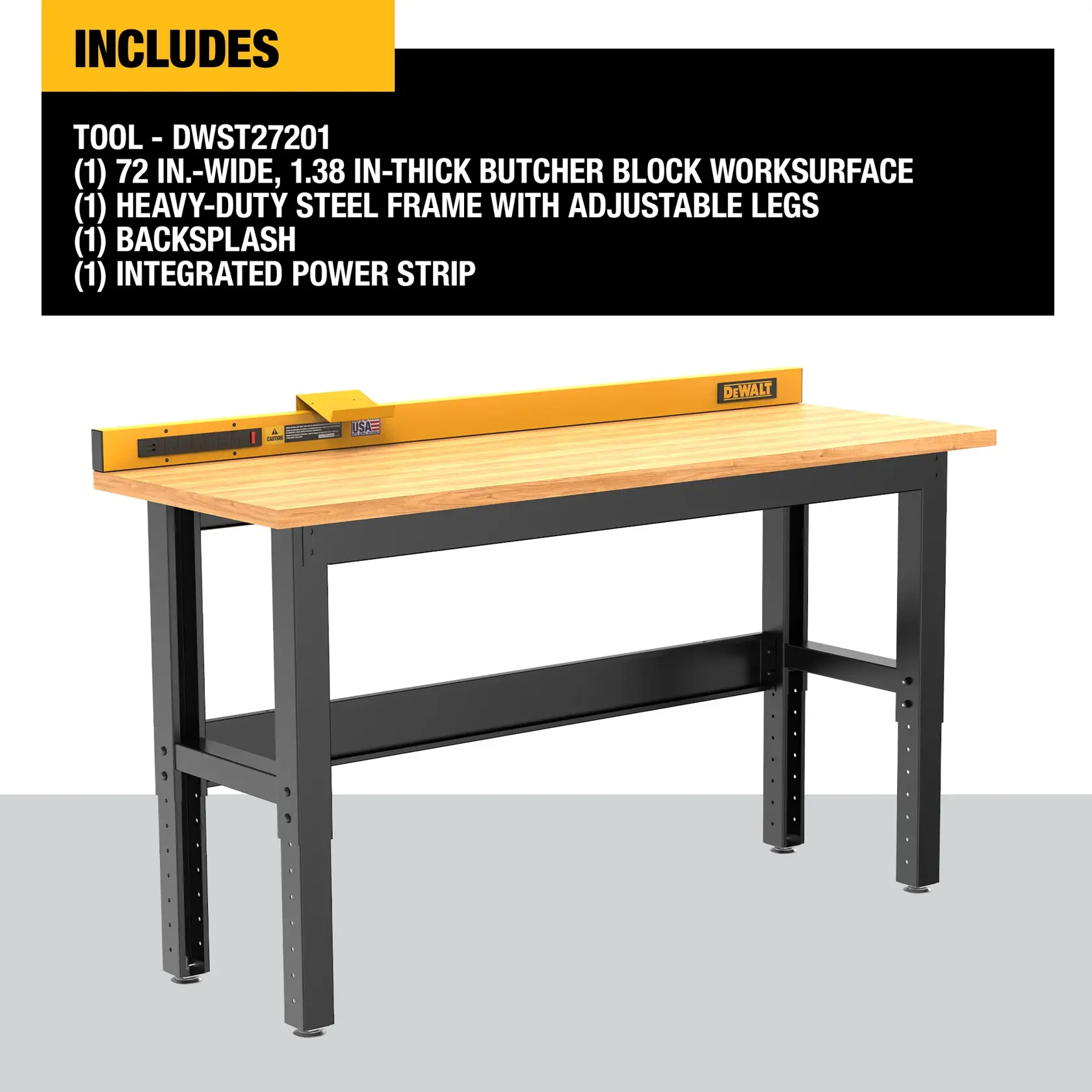 DEWALT DWST27201 heavy-duty workbench with a 72-inch wide, 1.38-inch thick butcher block worksurface, adjustable steel legs, yellow backsplash, and integrated power strip.