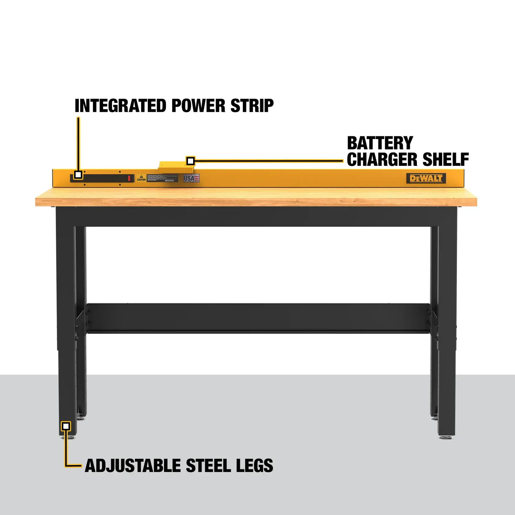 DEWALT workbench with integrated power strip, battery charger shelf, and adjustable steel legs. The workbench features a wooden top and a sturdy black frame.