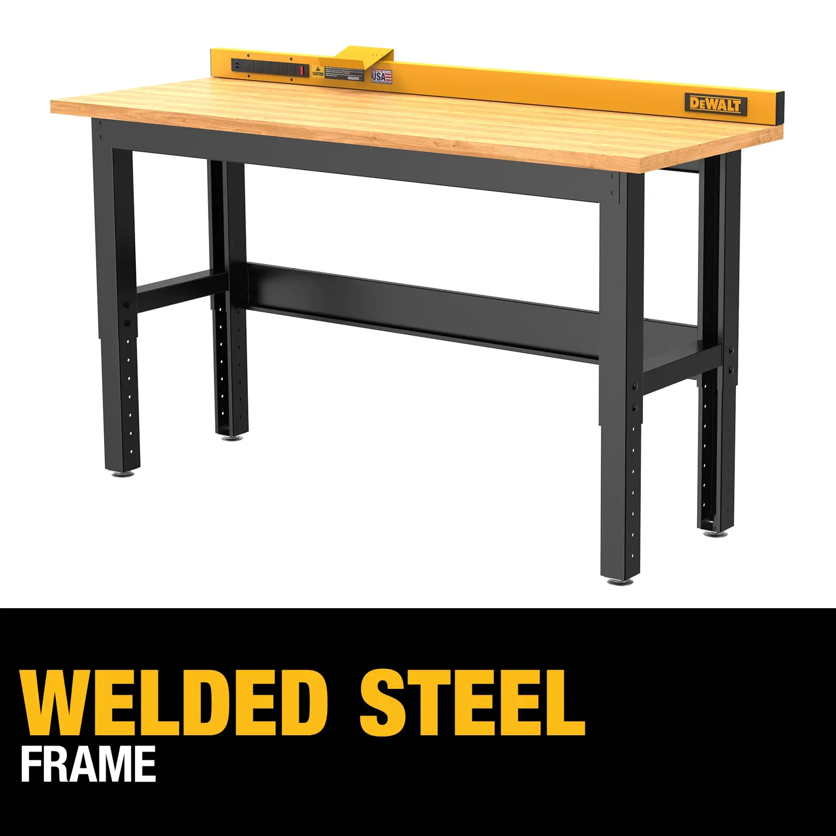 A DEWALT workbench with a welded steel frame and a wooden top. The bench is shown with adjustable legs and a metal crossbar for stability. Text on the image reads 'WELDED STEEL FRAME'.