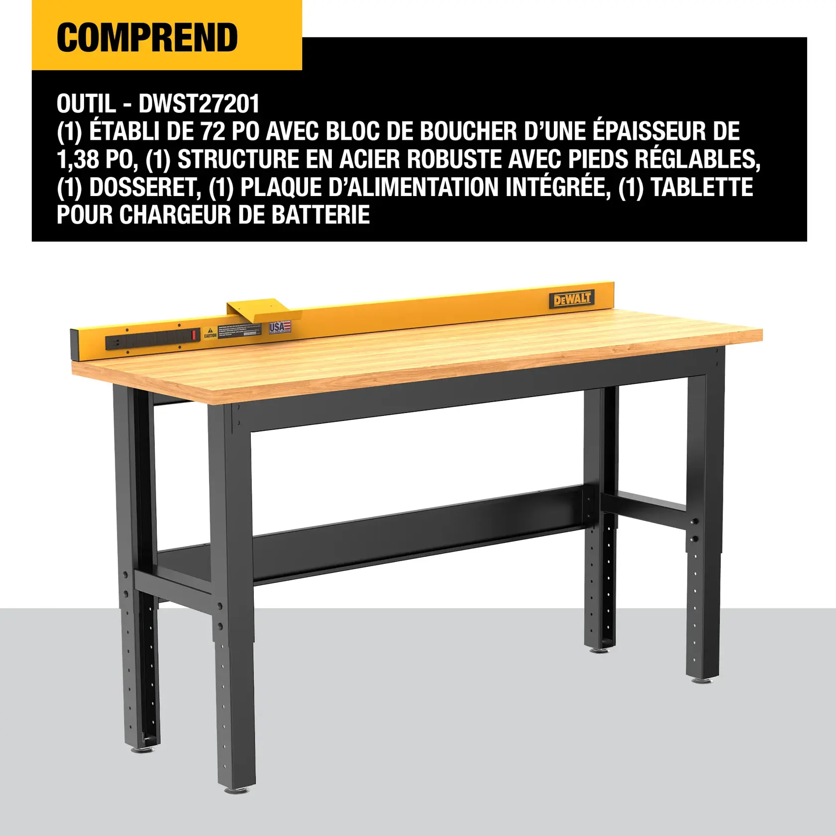 DEWALT DWST27201 heavy-duty workbench with a 72-inch wide, 1.38-inch thick butcher block worksurface, adjustable steel legs, yellow backsplash, and integrated power strip.