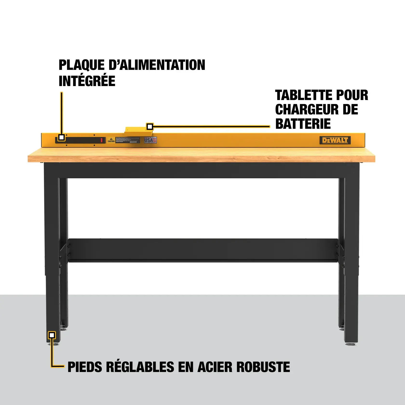 DEWALT workbench with integrated power strip, battery charger shelf, and adjustable steel legs. The workbench features a wooden top and a sturdy black frame.
