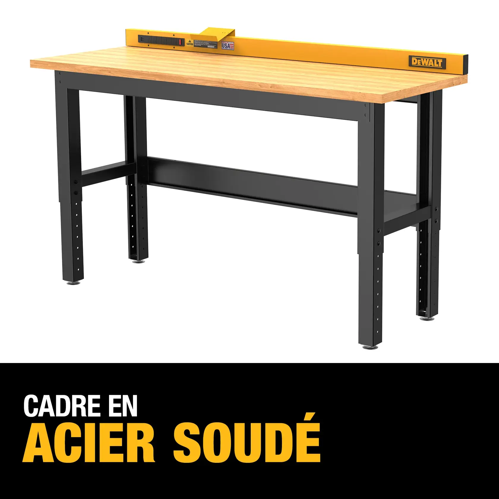 A DEWALT workbench with a welded steel frame and a wooden top. The bench is shown with adjustable legs and a metal crossbar for stability. Text on the image reads 'WELDED STEEL FRAME'.