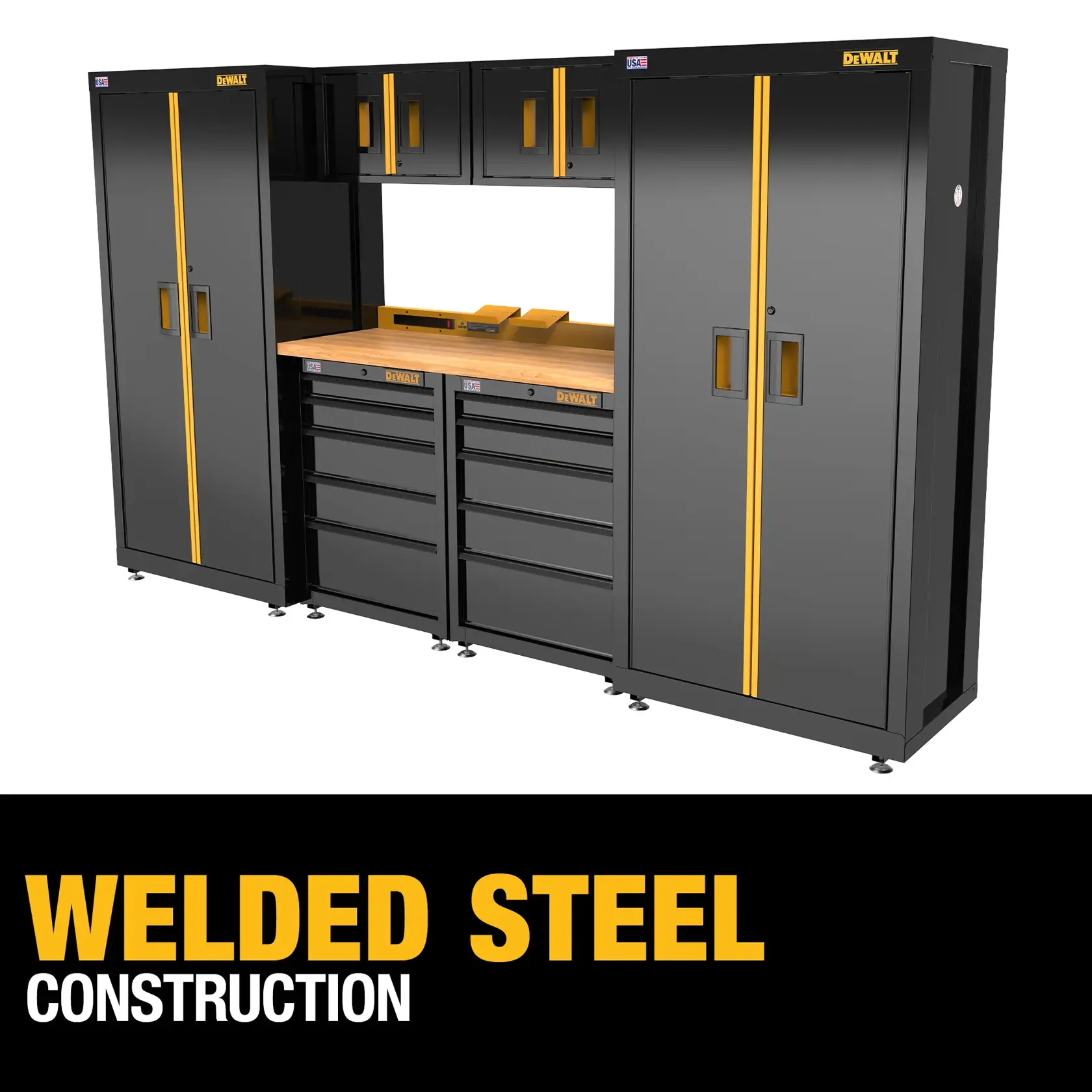 A DEWALT welded steel garage storage system featuring two tall cabinets, three drawer cabinets, upper wall cabinets, and a wooden work surface. The system is black with yellow accent stripes, and includes the text 'Welded Steel Construction' in large yellow and white letters below the image.