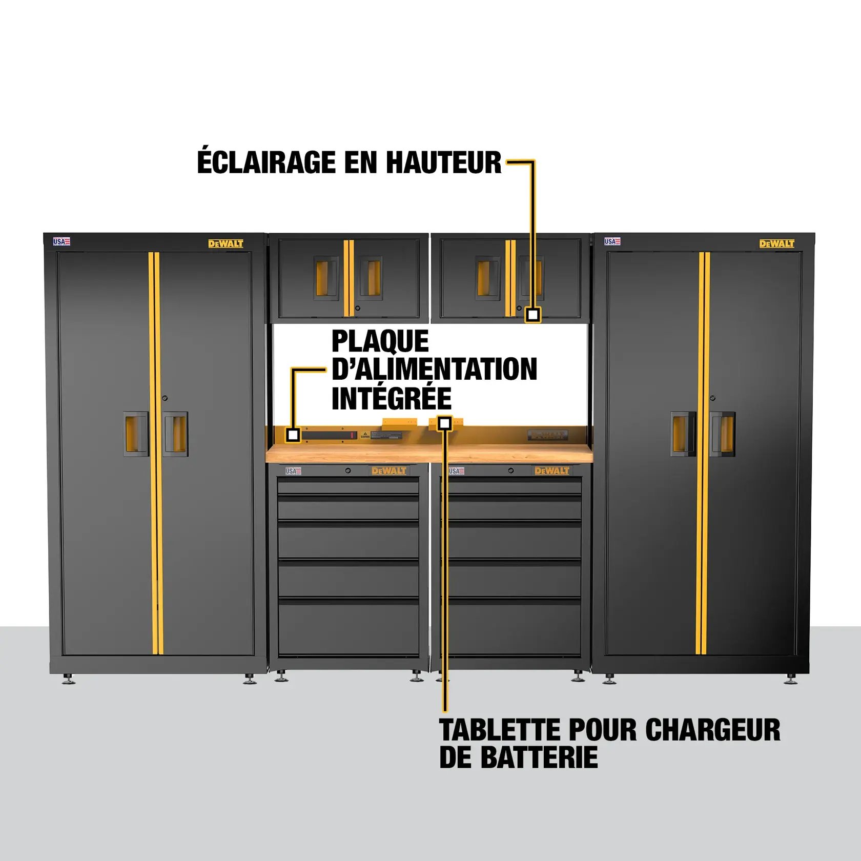 A DEWALT modular garage storage system featuring tall cabinets, overhead lighting, an integrated power strip, battery charger shelf, and drawers for tool storage. The image highlights the locations of overhead lighting, power strip, and battery charger shelf.