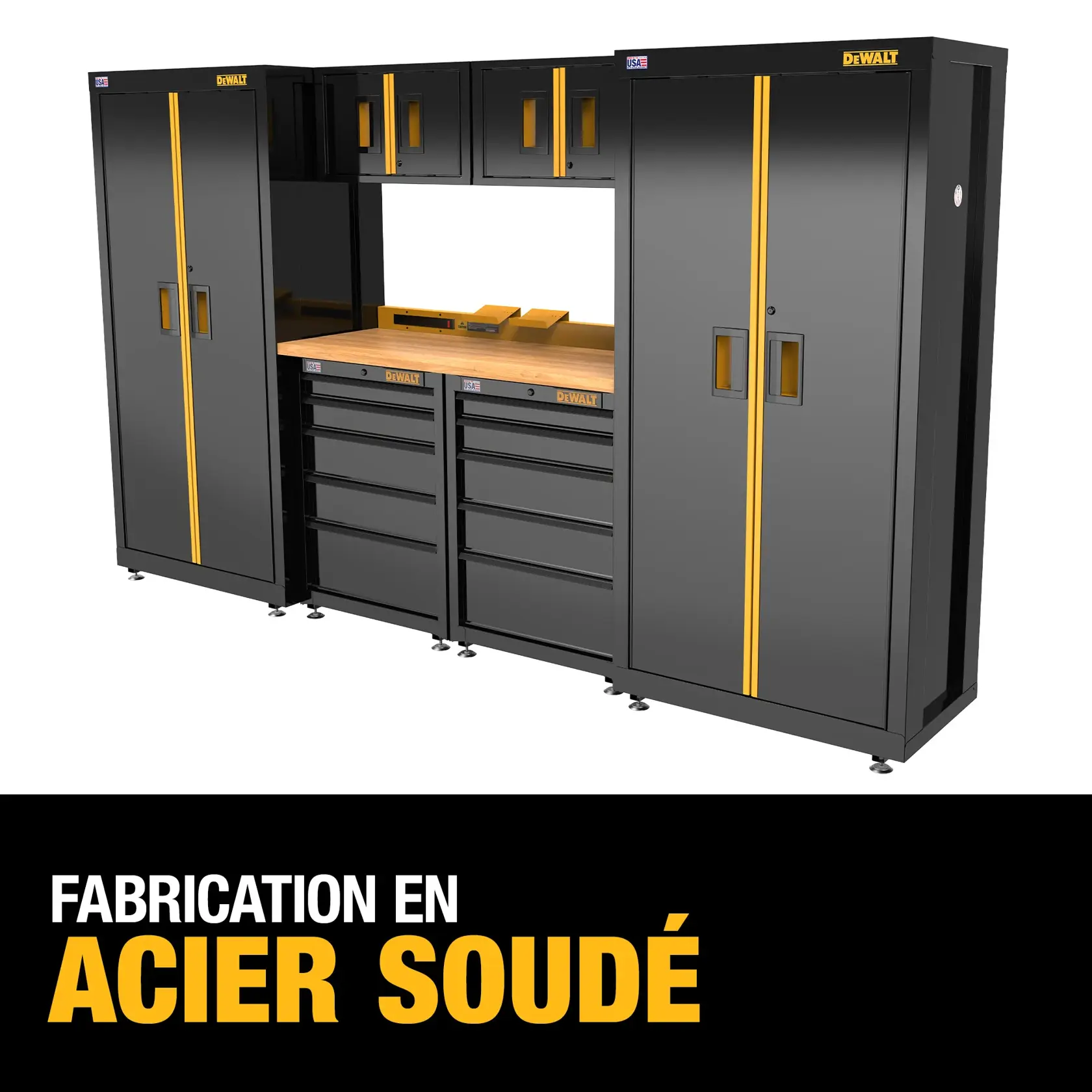 A DEWALT welded steel garage storage system featuring two tall cabinets, three drawer cabinets, upper wall cabinets, and a wooden work surface. The system is black with yellow accent stripes, and includes the text 'Welded Steel Construction' in large yellow and white letters below the image.