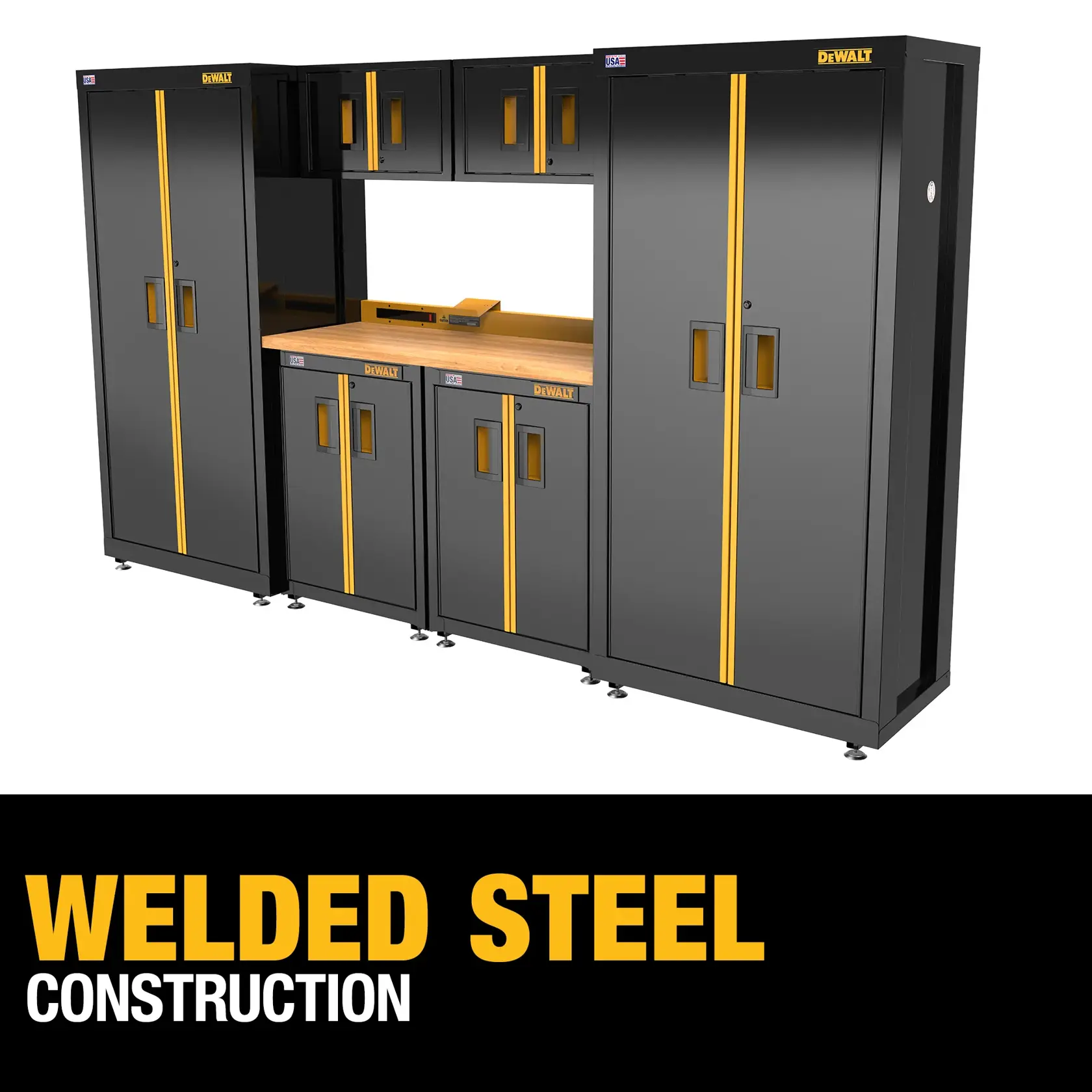 A DEWALT branded black and yellow welded steel garage storage system featuring tall cabinets, wall cabinets, and a wooden work surface. The text on the image says 'Welded Steel Construction.'