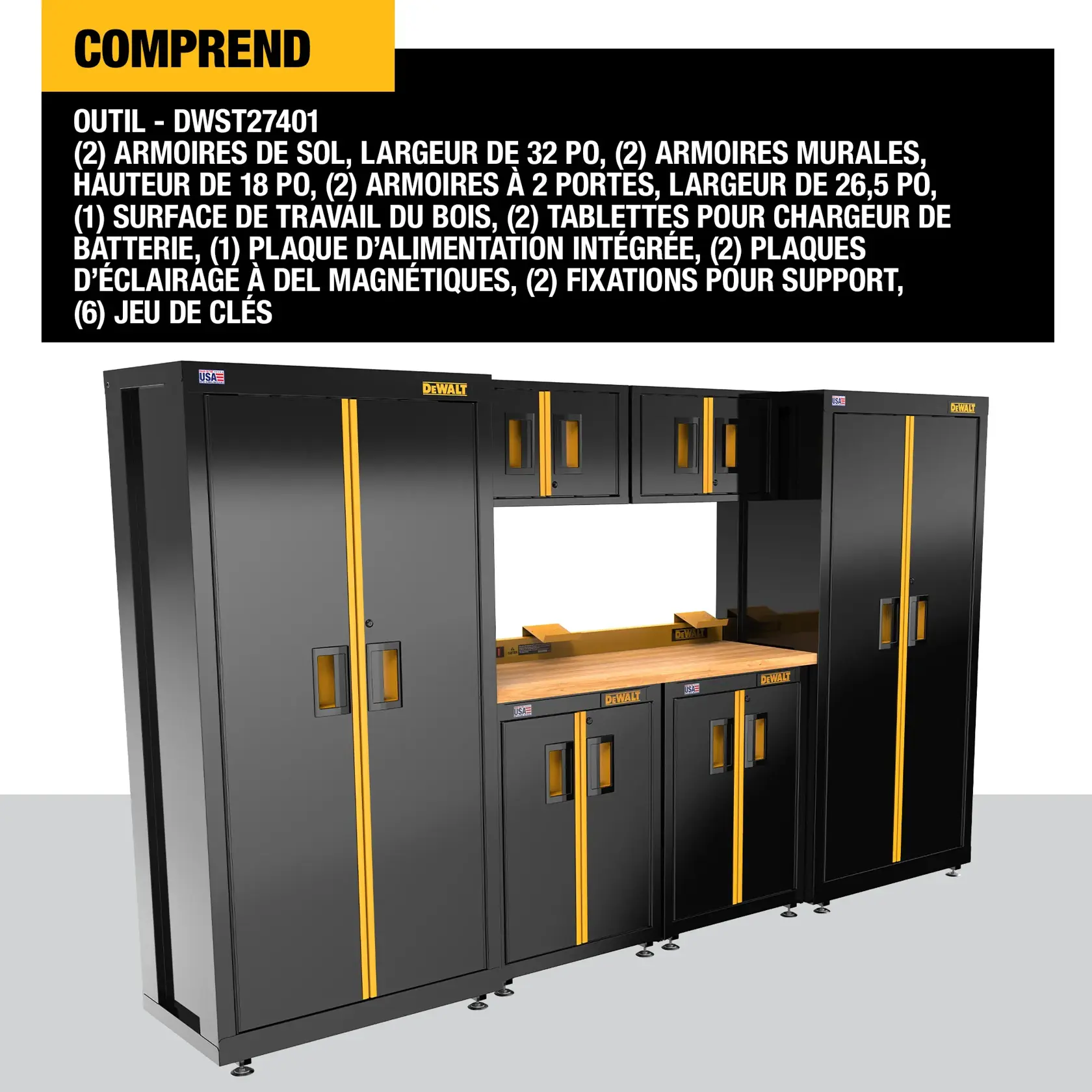 DEWALT DWST27401 tool storage system showing black and yellow cabinets, including two 32-inch floor cabinets, two 18-inch tall wall cabinets, two 26.5-inch wide 2-door base cabinets, a wood work surface, two battery charger shelves, an integrated power strip, two magnetic LED light strips, two mounting brackets, and six sets of keys. The components are listed above a visual layout of the assembled system.