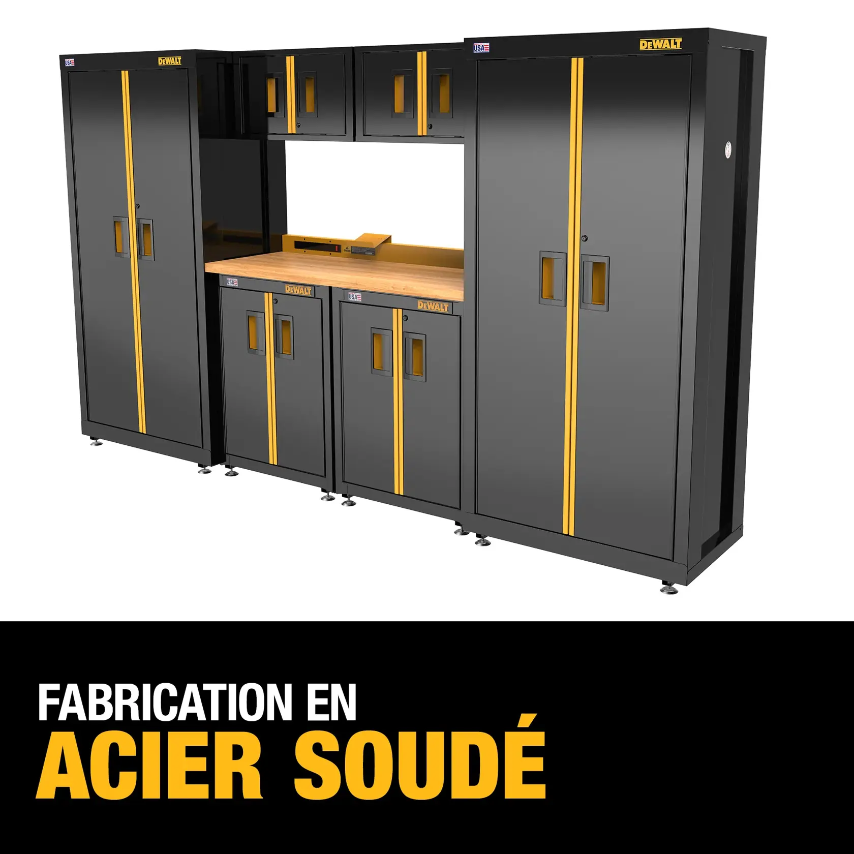 A DEWALT branded black and yellow welded steel garage storage system featuring tall cabinets, wall cabinets, and a wooden work surface. The text on the image says 'Welded Steel Construction.'