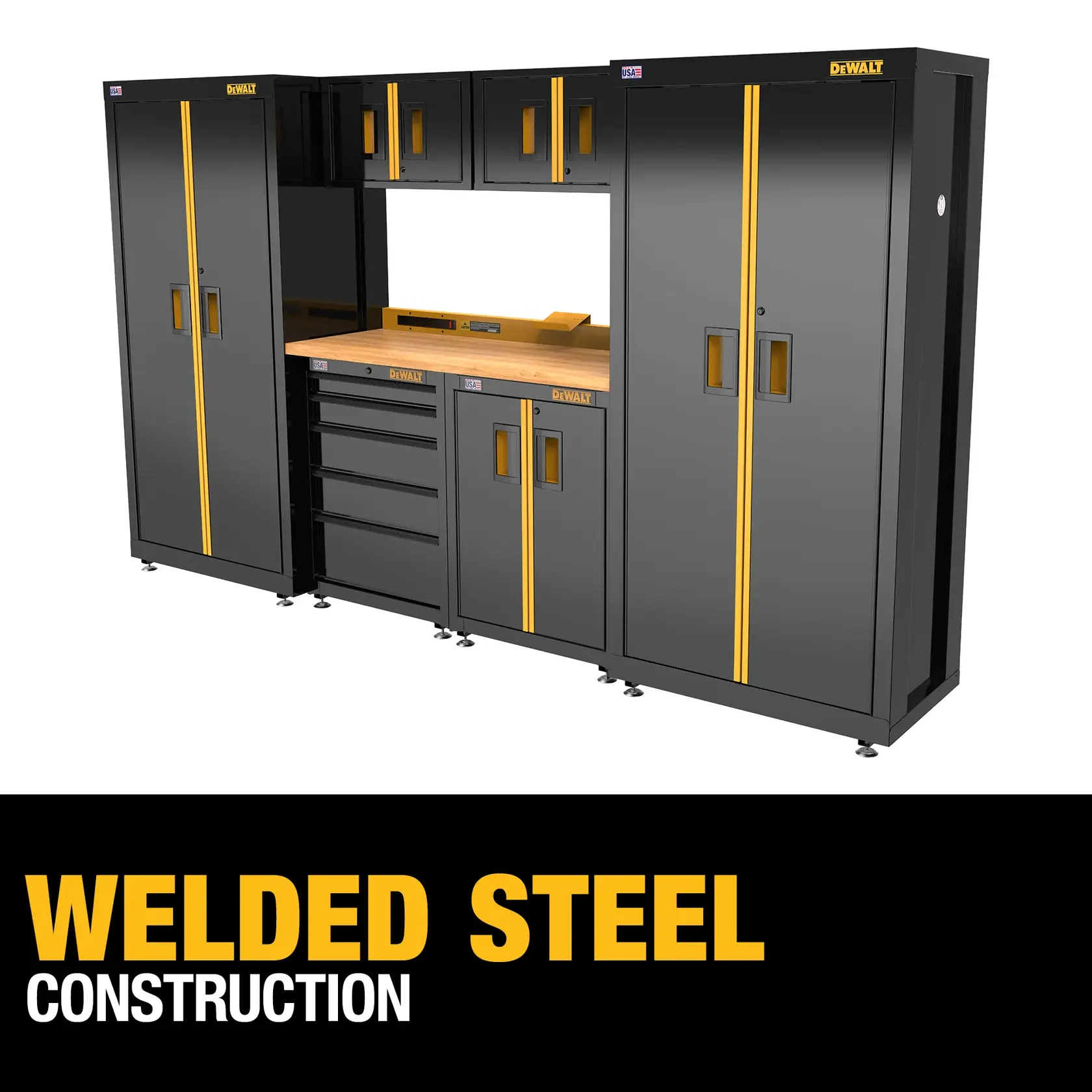 A modular garage storage system by DEWALT featuring welded steel construction, with multiple cabinets, drawers, and a wooden work surface. The system is black with yellow accents and includes tall storage units, wall cabinets, and a base cabinet with drawers.
