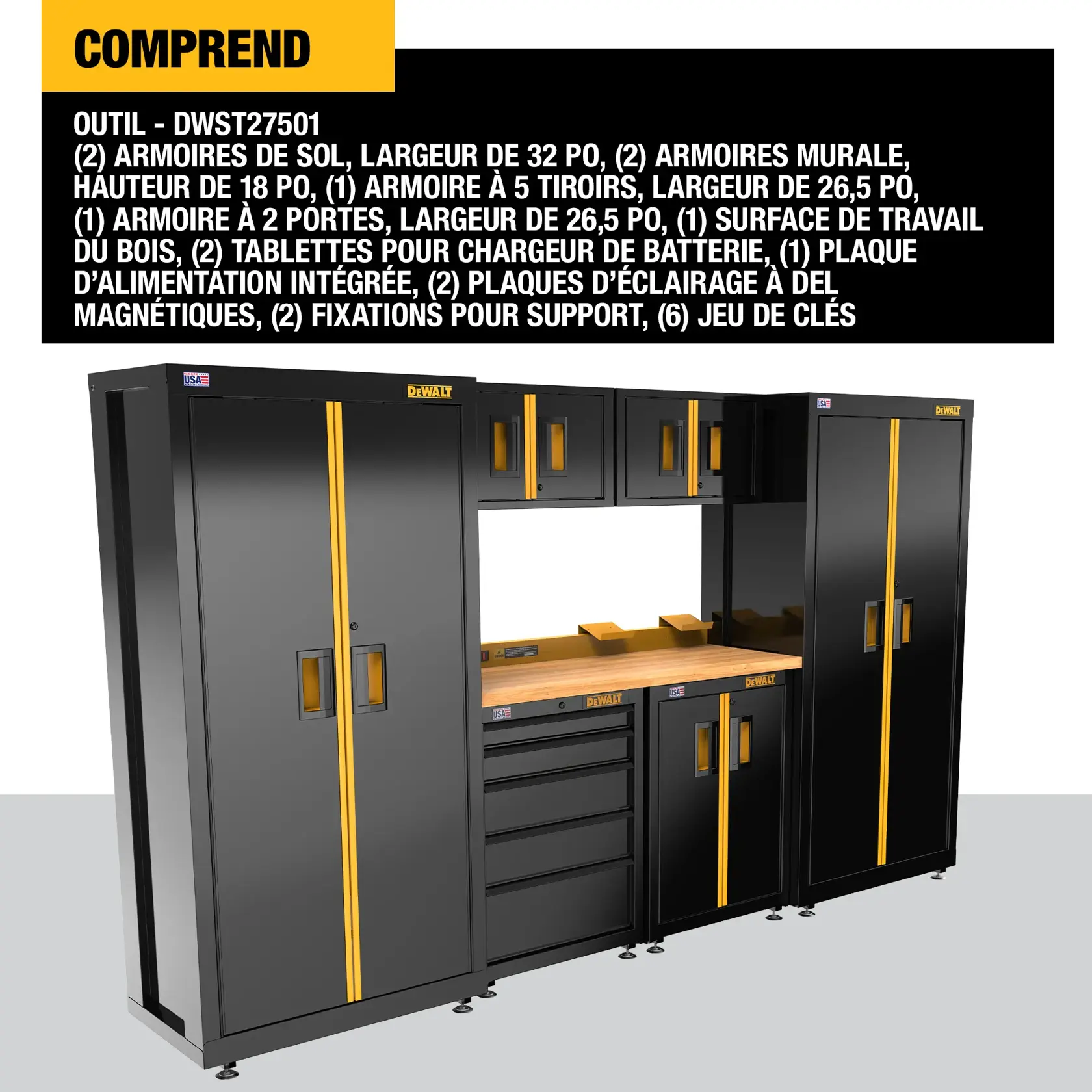 Image of a DEWALT tool storage cabinet system, SKU DWST27501. The system includes two 32-inch wide floor cabinets, two 18-inch tall wall cabinets, one 26.5-inch wide 5-drawer base cabinet, one 26.5-inch wide 2-door base cabinet, one wooden work surface, two battery charger shelves, one integrated power strip, two magnetic LED light strips, two mounting brackets, and six sets of keys. The cabinets are black with yellow handles and accents, arranged in a workspace setup.