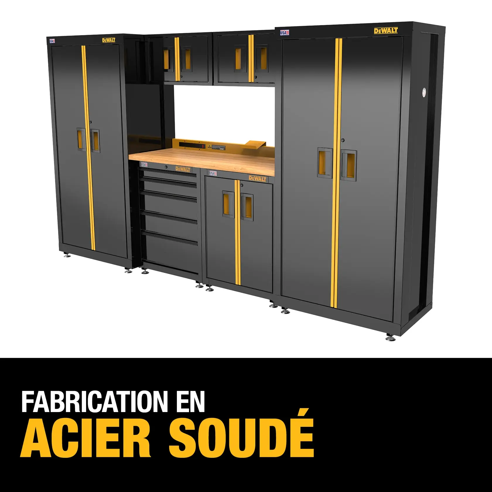 A modular garage storage system by DEWALT featuring welded steel construction, with multiple cabinets, drawers, and a wooden work surface. The system is black with yellow accents and includes tall storage units, wall cabinets, and a base cabinet with drawers.