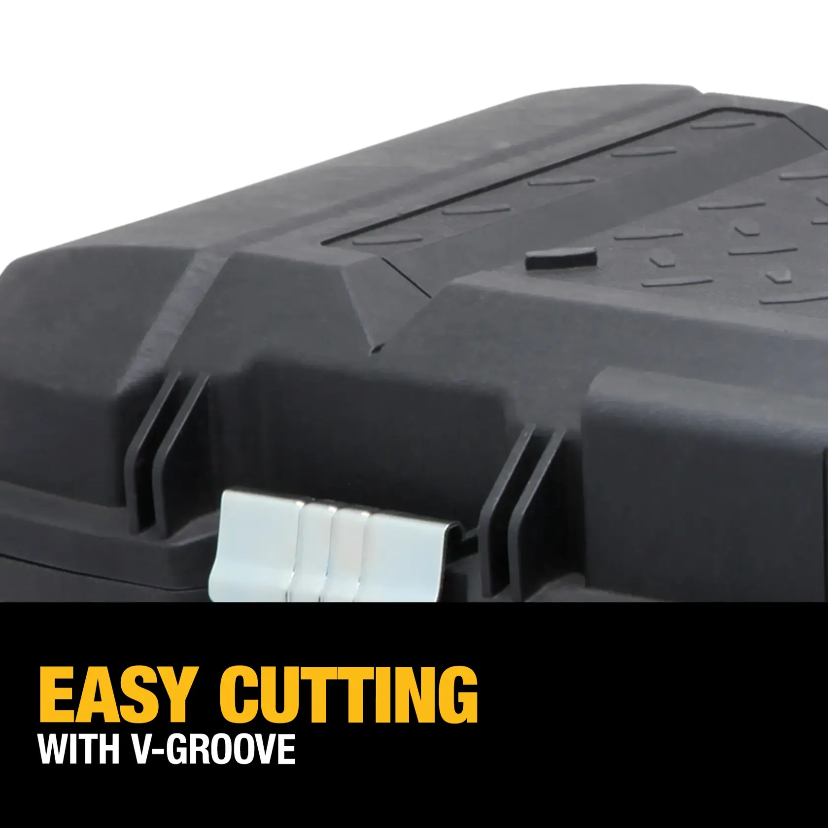 Close-up of a DEWALT tool storage box featuring a V-groove on the lid for easy cutting, with text that says 'EASY CUTTING WITH V-GROOVE' in yellow and white.