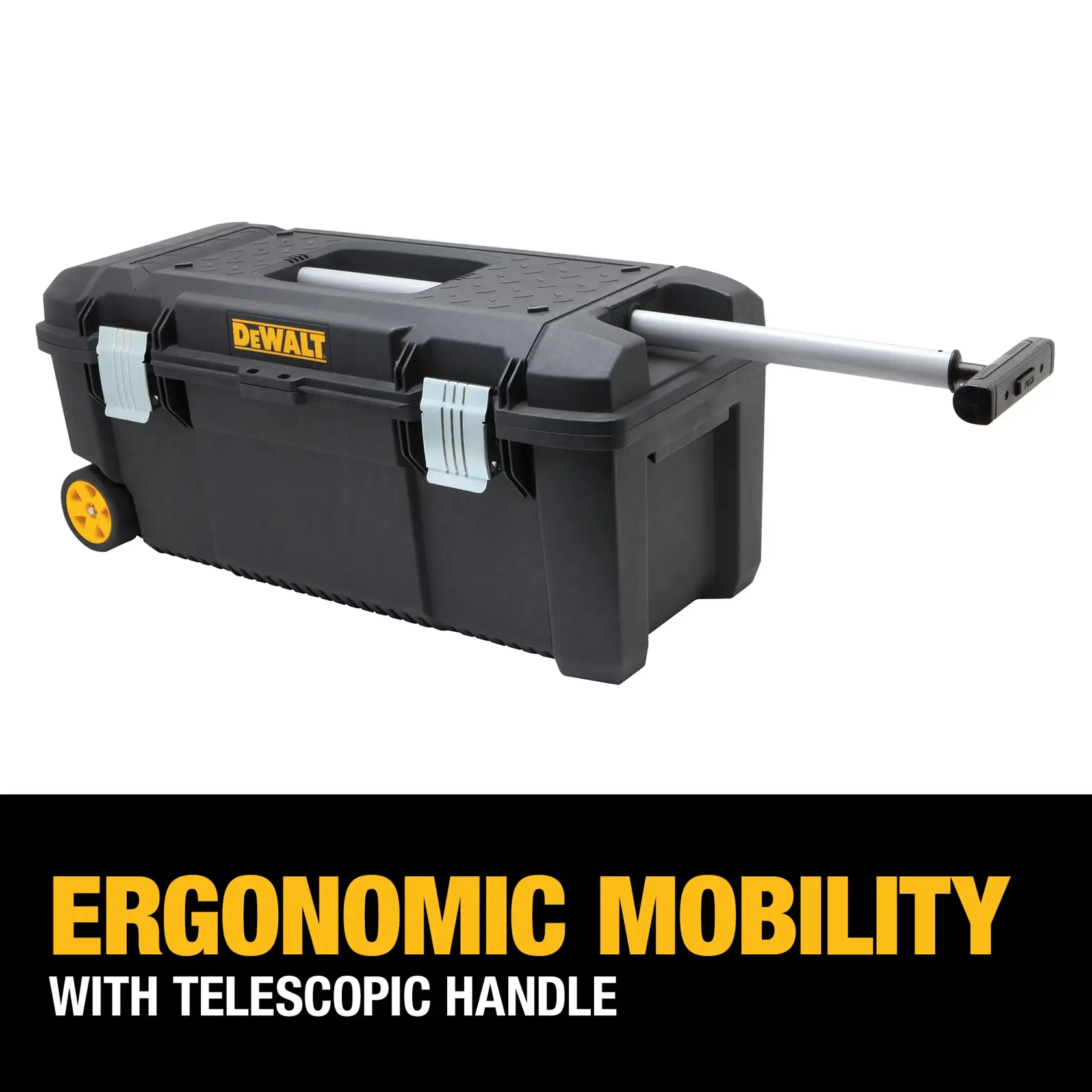 A DEWALT DWST28100 rolling toolbox with yellow wheels and a telescopic handle is shown. The toolbox is black with metal latches and features ergonomic mobility, as highlighted in the text below the image.