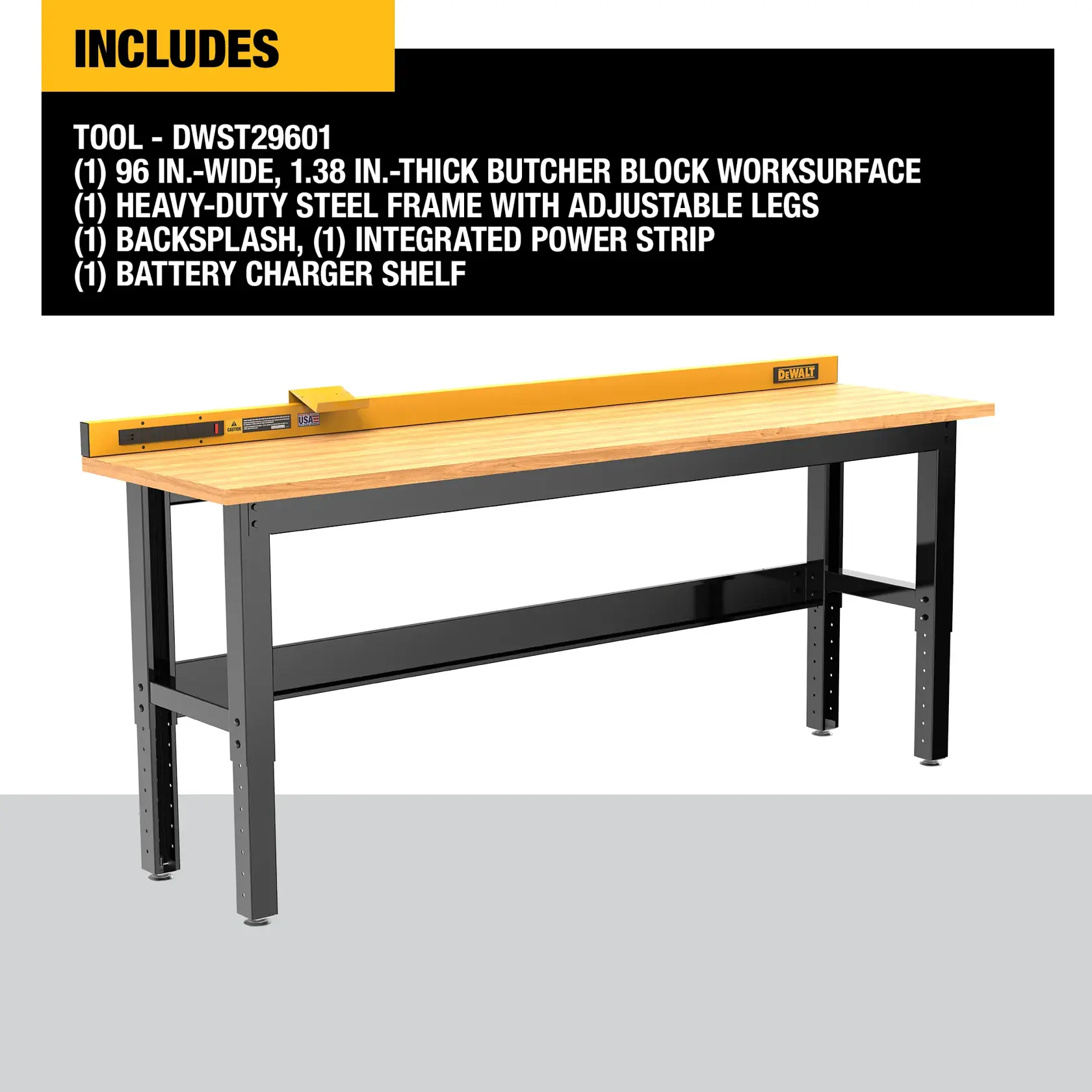 DEWALT DWST29601 workbench with a 96-inch wide, 1.38-inch thick butcher block worksurface, heavy-duty steel frame with adjustable legs, yellow backsplash, integrated power strip, and a battery charger shelf. Text describes included features.