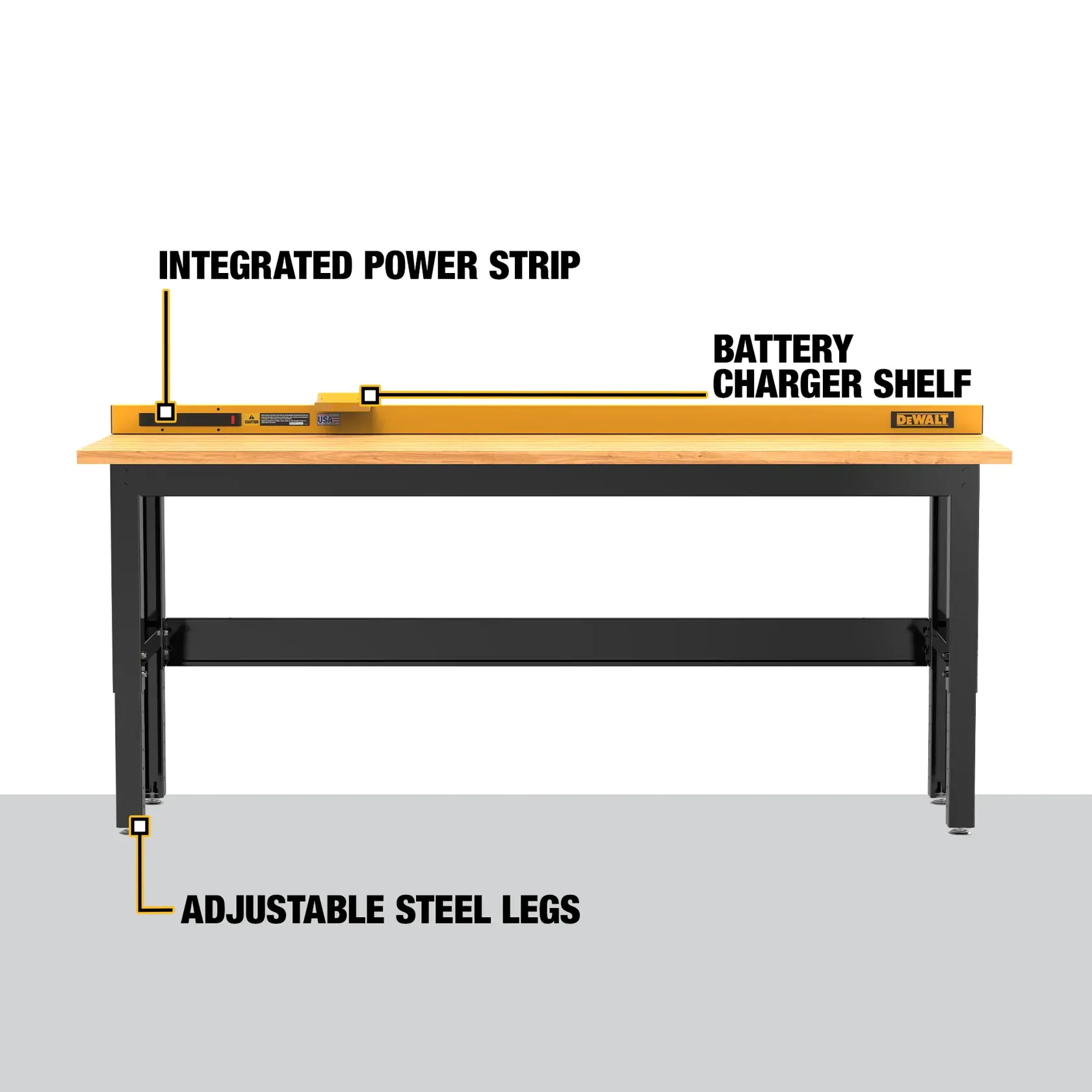 Front view of a DEWALT workbench showing an integrated power strip, a battery charger shelf, and adjustable steel legs. The workbench has a wooden top and black metal frame, with labels pointing to each key feature.